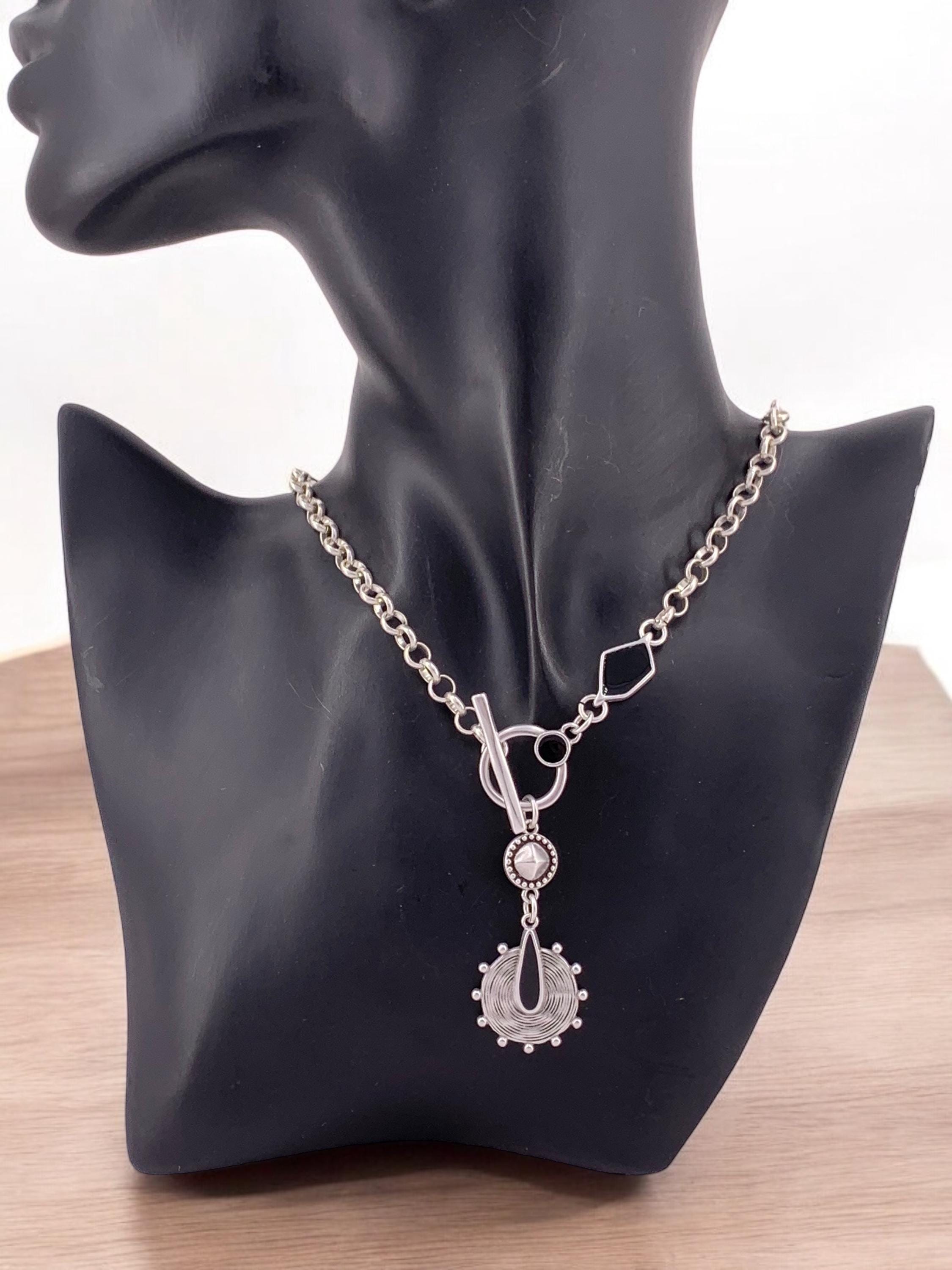 Chunky Silver Chain Necklace – Tribal Black Enamel Pendant – Toggle Clasp – Boho Statement Jewelry – Handmade Gift for women