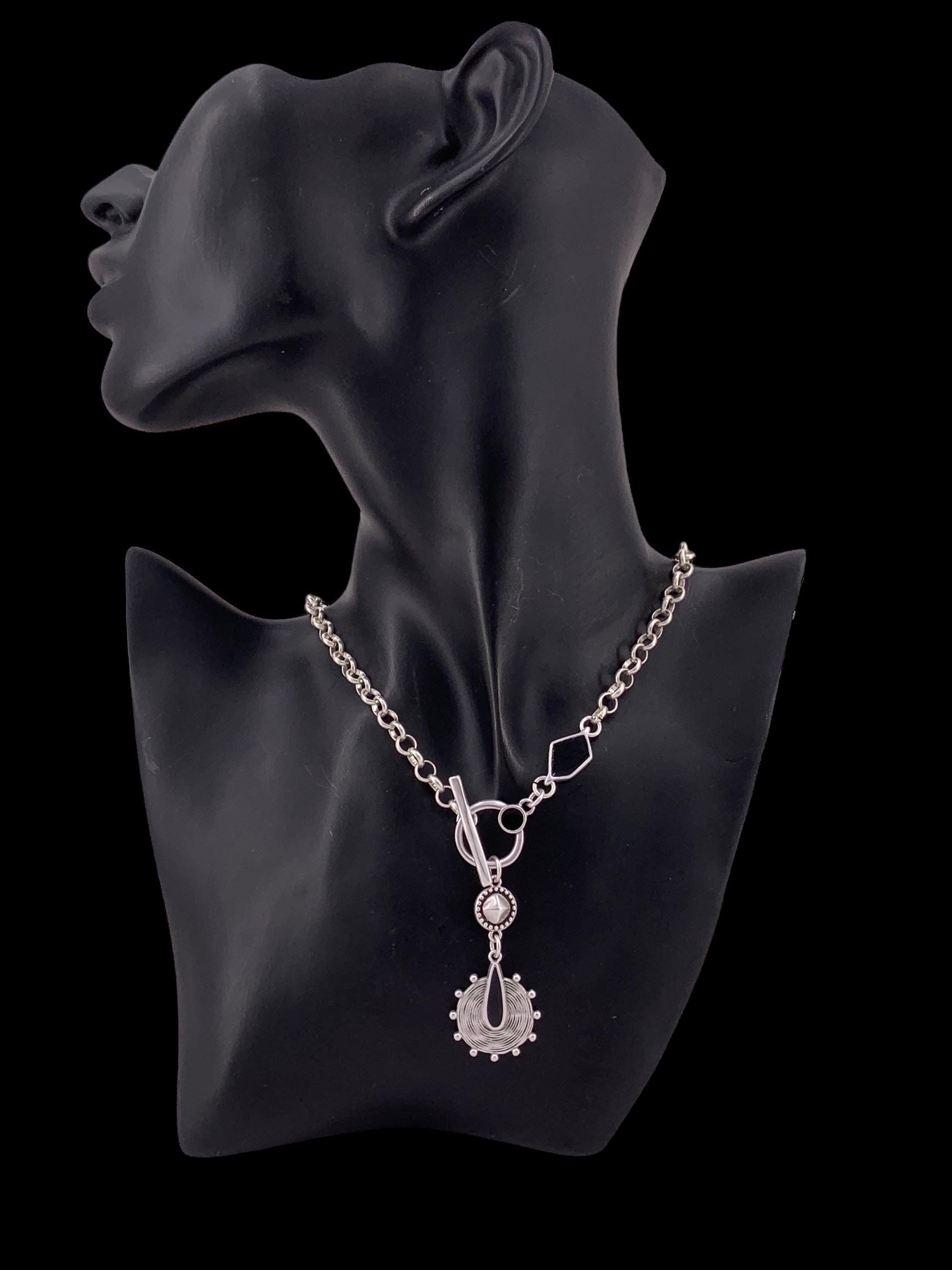 Chunky Silver Chain Necklace – Tribal Black Enamel Pendant – Toggle Clasp – Boho Statement Jewelry – Handmade Gift for women