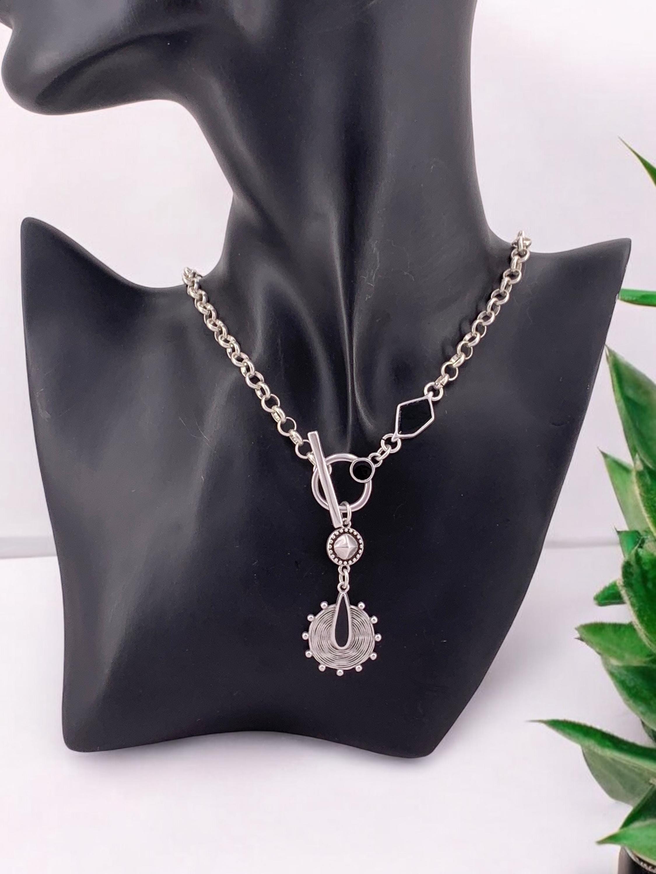 Chunky Silver Chain Necklace – Tribal Black Enamel Pendant – Toggle Clasp – Boho Statement Jewelry – Handmade Gift for women