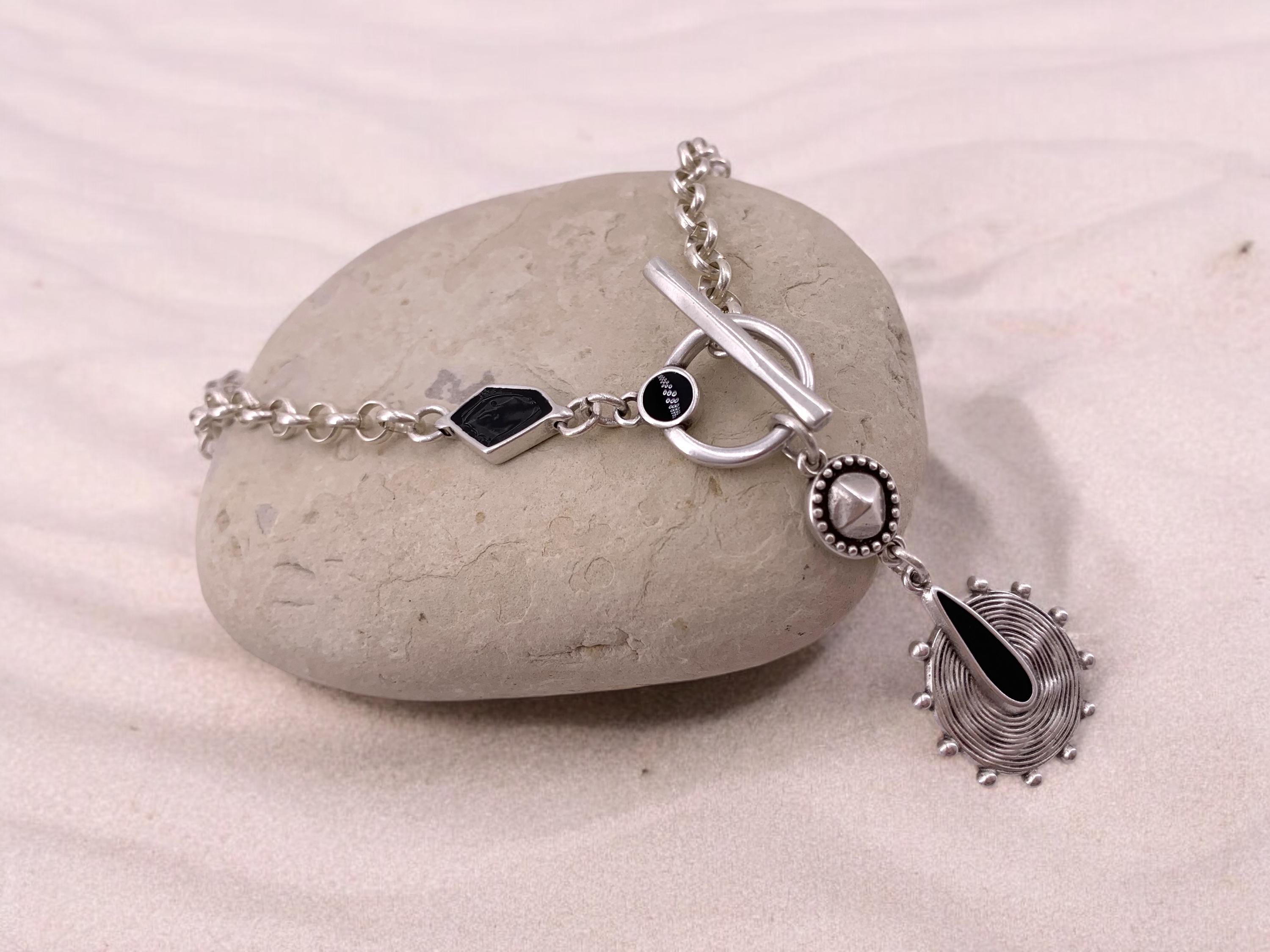 Chunky Silver Chain Necklace – Tribal Black Enamel Pendant – Toggle Clasp – Boho Statement Jewelry – Handmade Gift for women