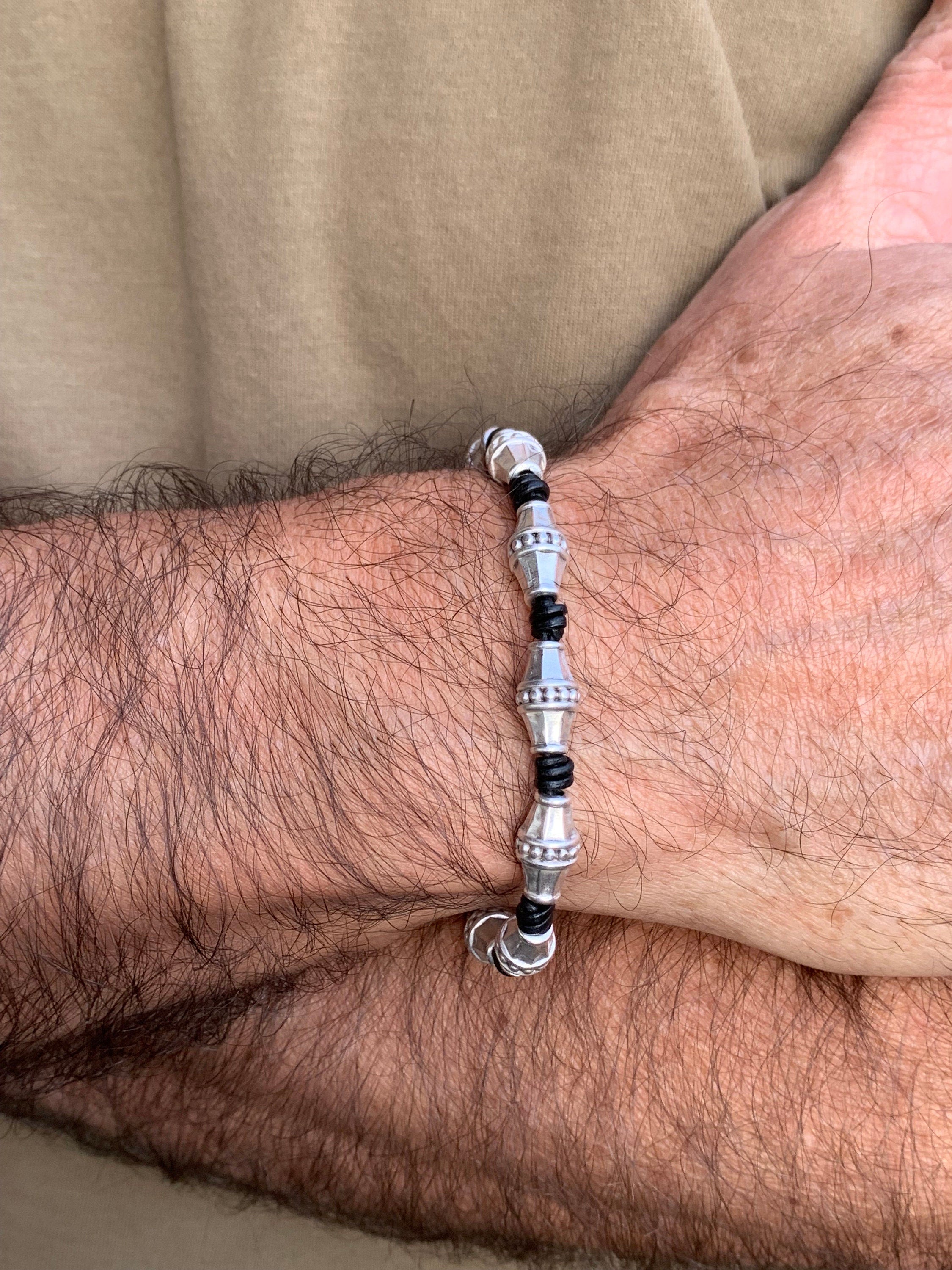 Men silver beaded leather bracelet for a masculine style, bohemian men bracelet, gift for boyfriend and brother, unique birthday present