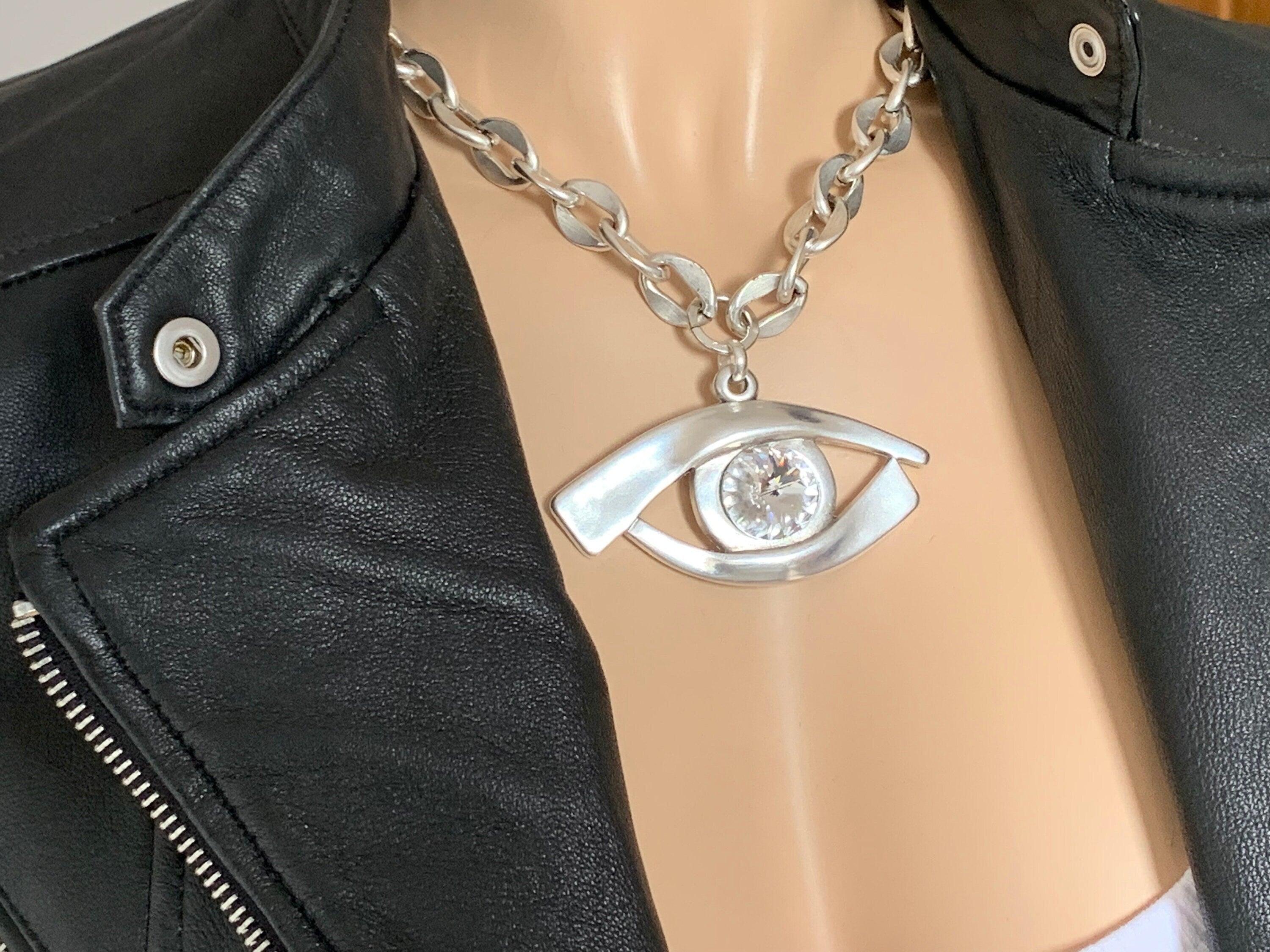 Chunky Silver Eye Necklace – Egyptian Protector Pendant with Swarovski Crystal – Big Link Statement Chain – heavyweight necklace,