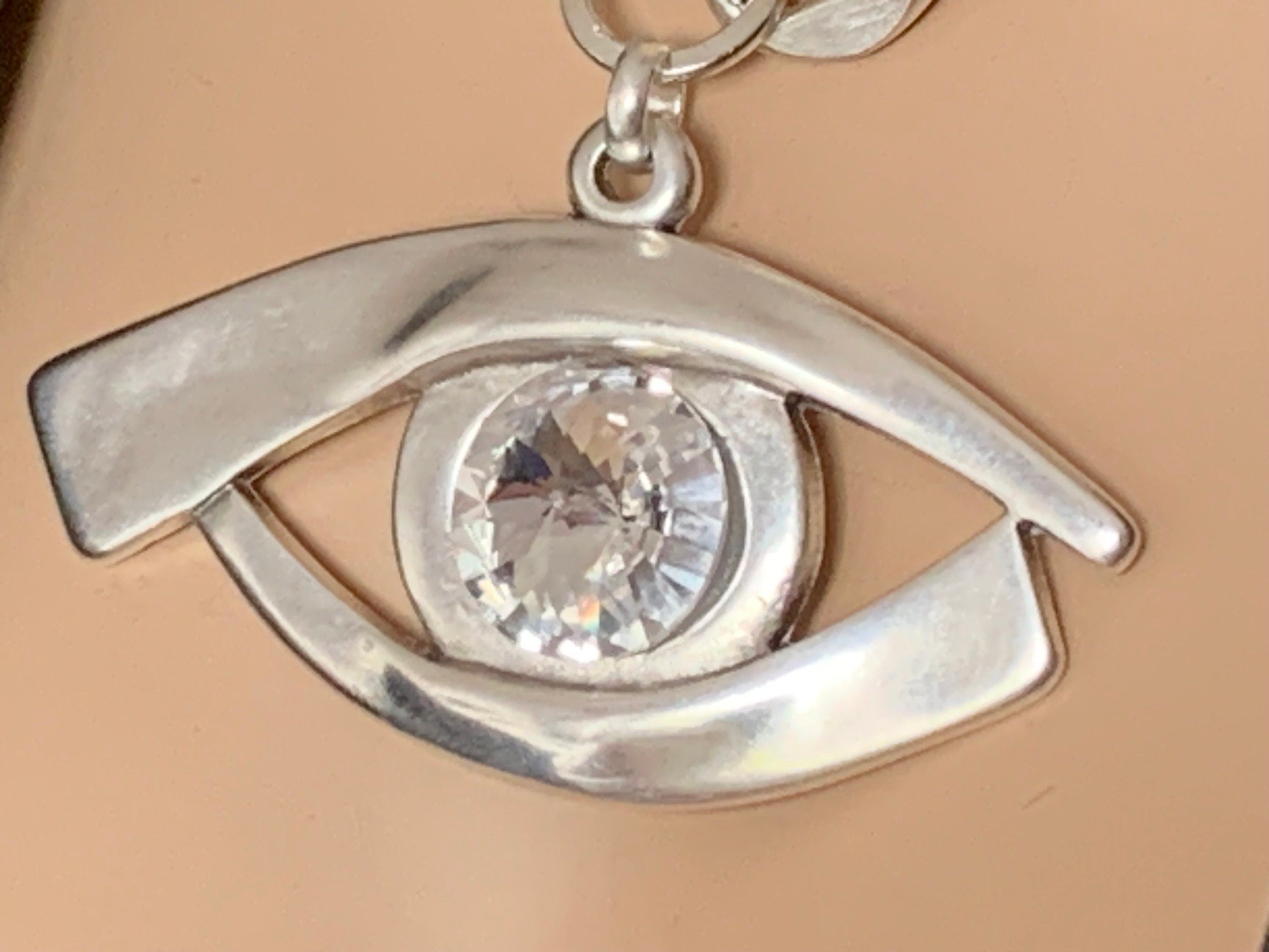 Chunky Silver Eye Necklace – Egyptian Protector Pendant with Swarovski Crystal – Big Link Statement Chain – heavyweight necklace,