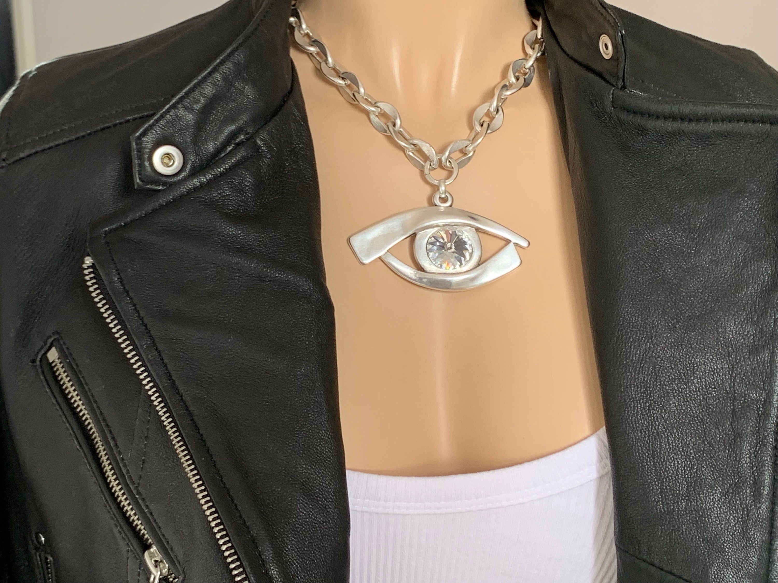 Chunky Silver Eye Necklace – Egyptian Protector Pendant with Swarovski Crystal – Big Link Statement Chain – heavyweight necklace,