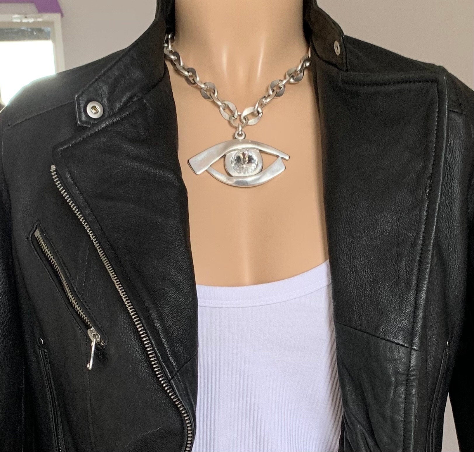 Chunky Silver Eye Necklace – Egyptian Protector Pendant with Swarovski Crystal – Big Link Statement Chain – heavyweight necklace,