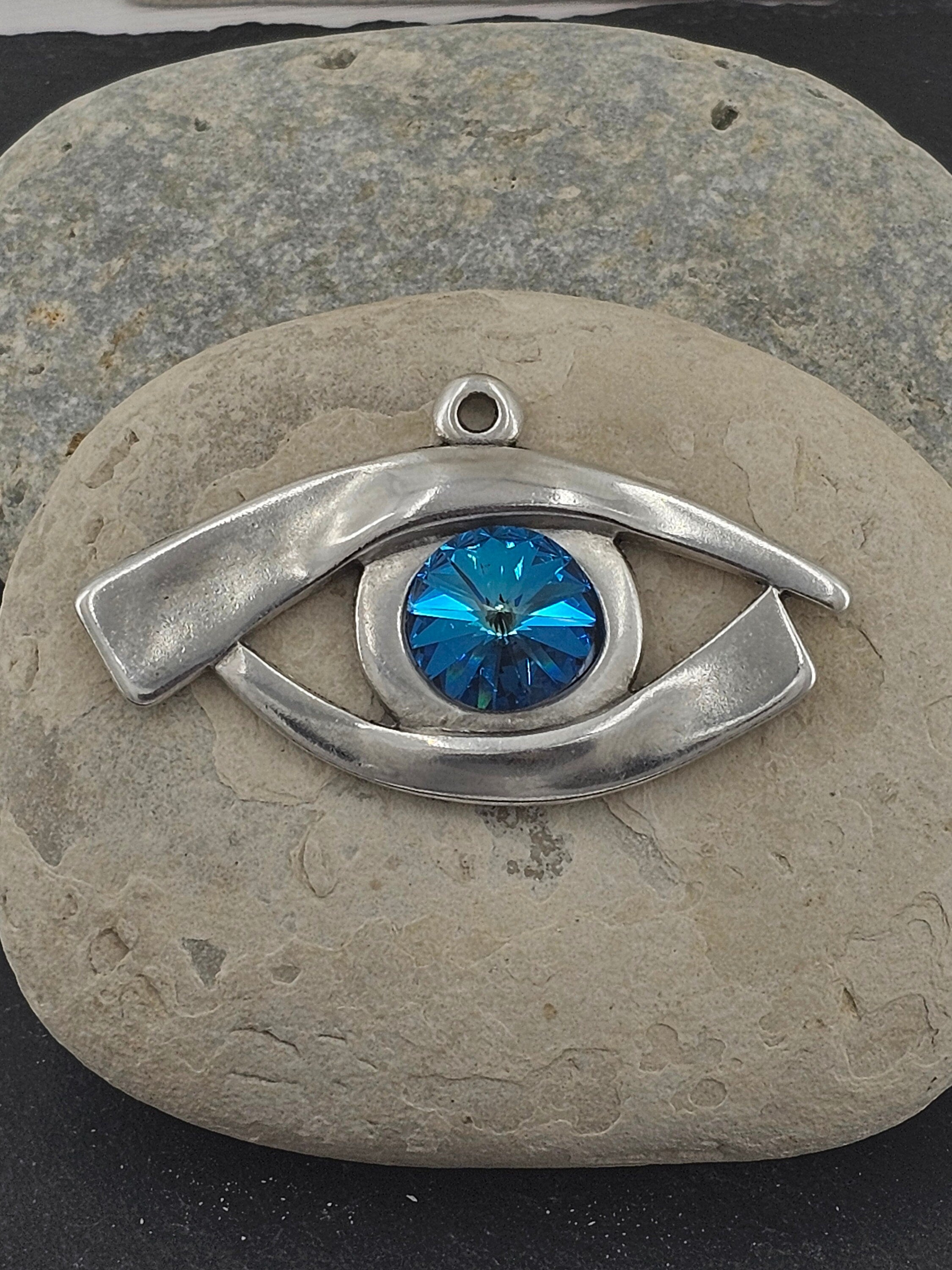 Chunky Silver Eye Necklace – Egyptian Protector Pendant with Swarovski Crystal – Big Link Statement Chain – heavyweight necklace,