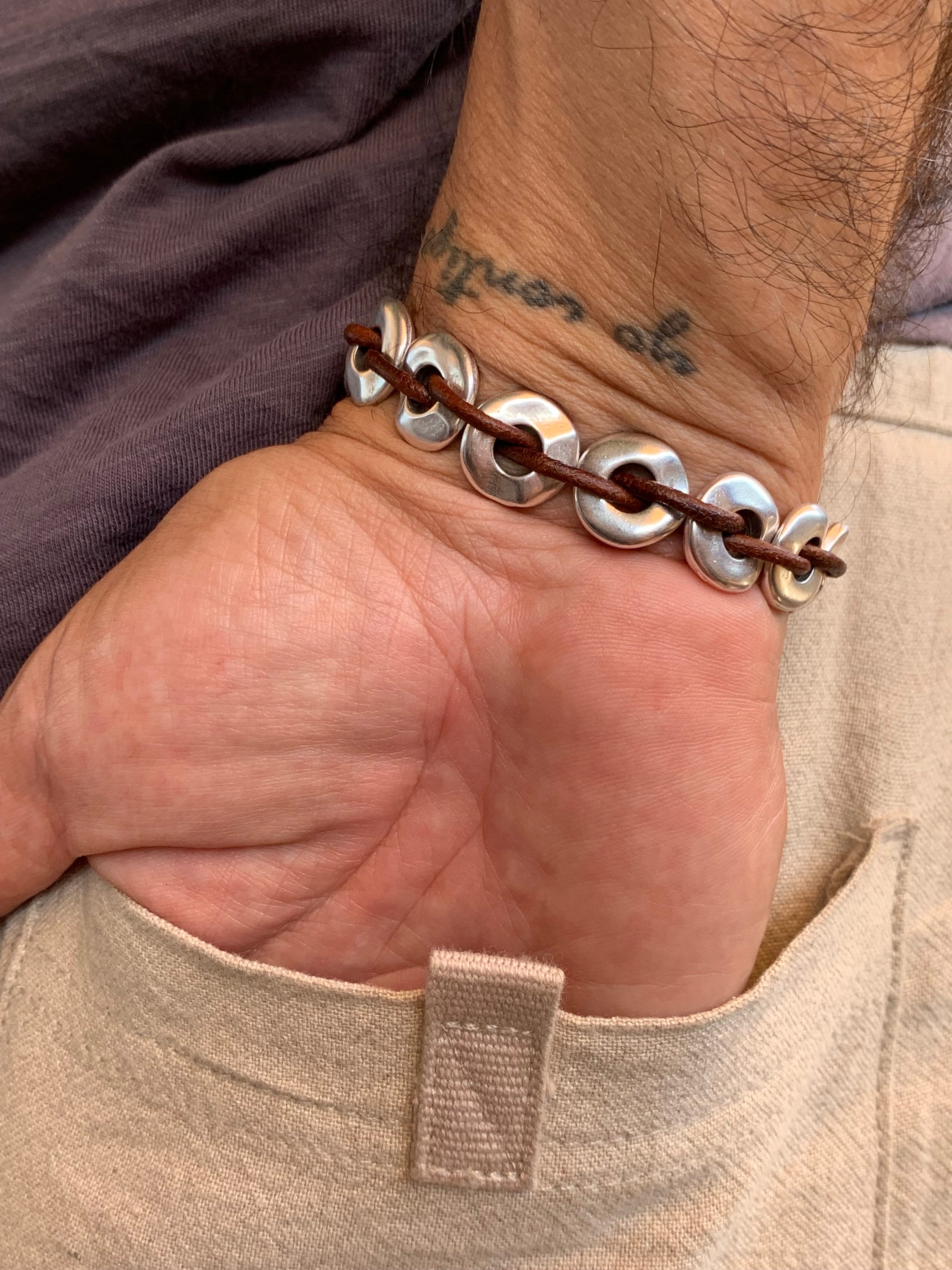 leather bracelet for men, chunky silver bracelet, silver chain bracelet, surf bracelet, rock bracelet, masculine bracelet, gift for men,