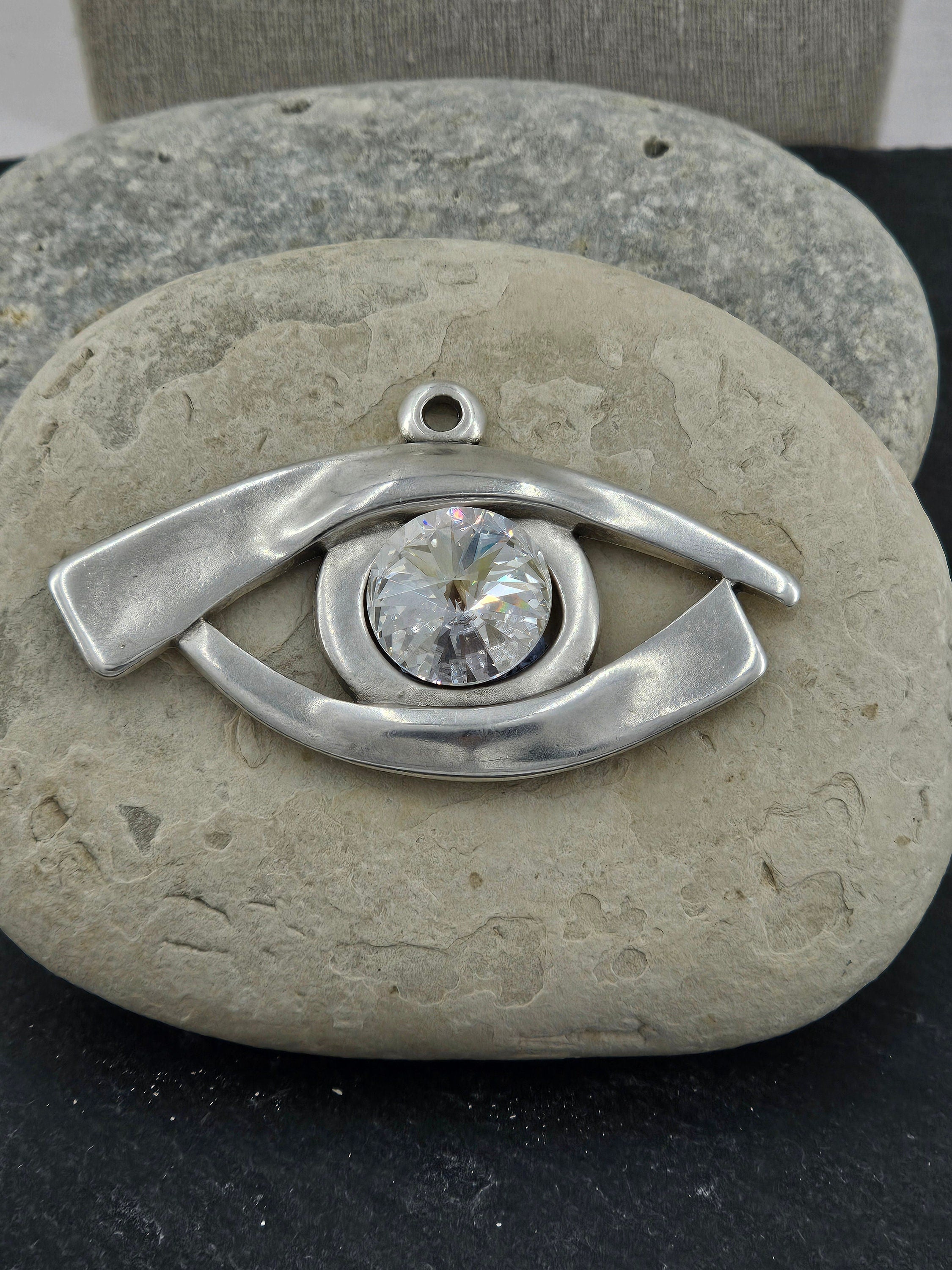 Chunky Silver Eye Necklace – Egyptian Protector Pendant with Swarovski Crystal – Big Link Statement Chain – heavyweight necklace,