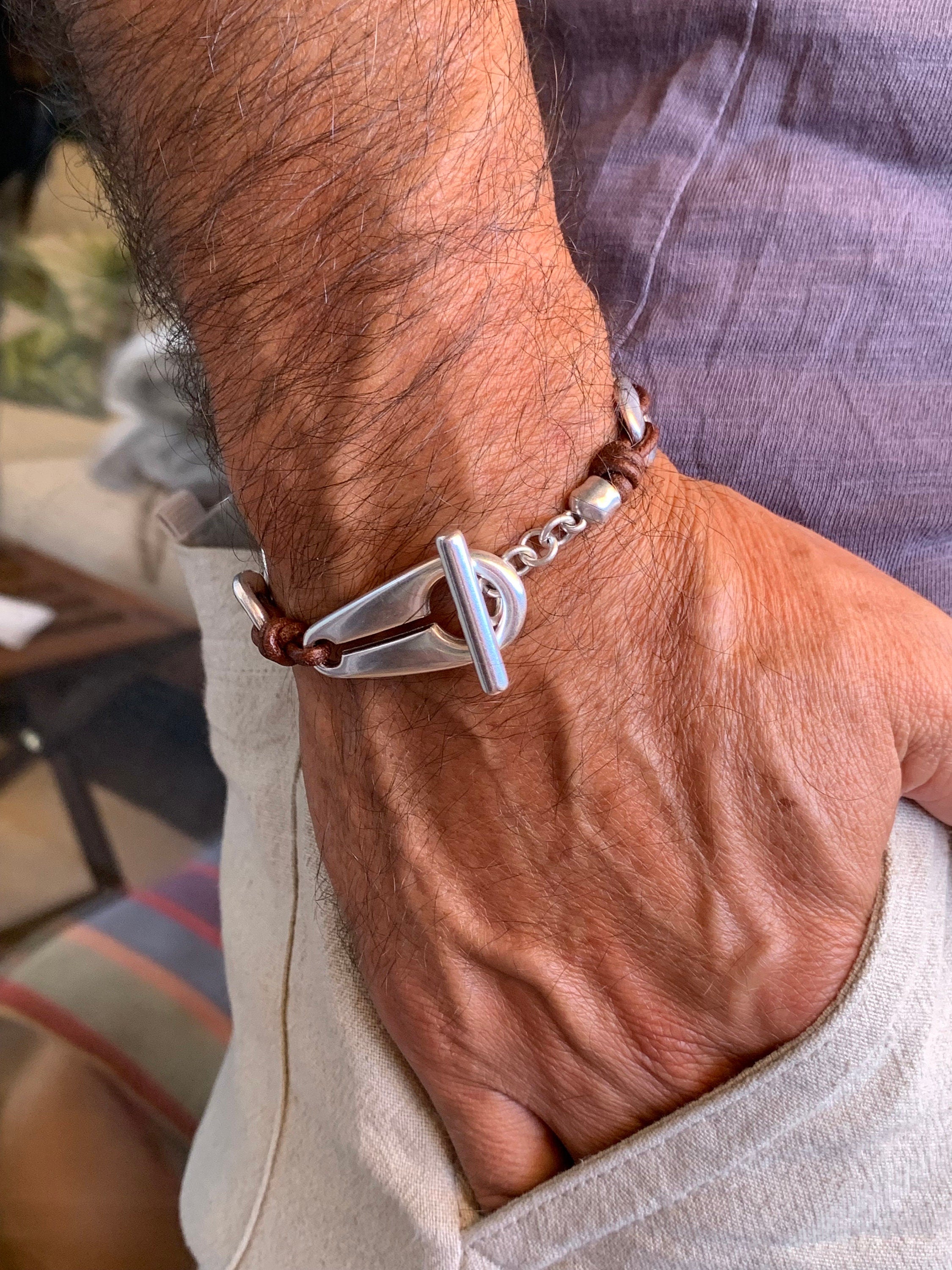 leather bracelet for men, chunky silver bracelet, silver chain bracelet, surf bracelet, rock bracelet, masculine bracelet, gift for men,