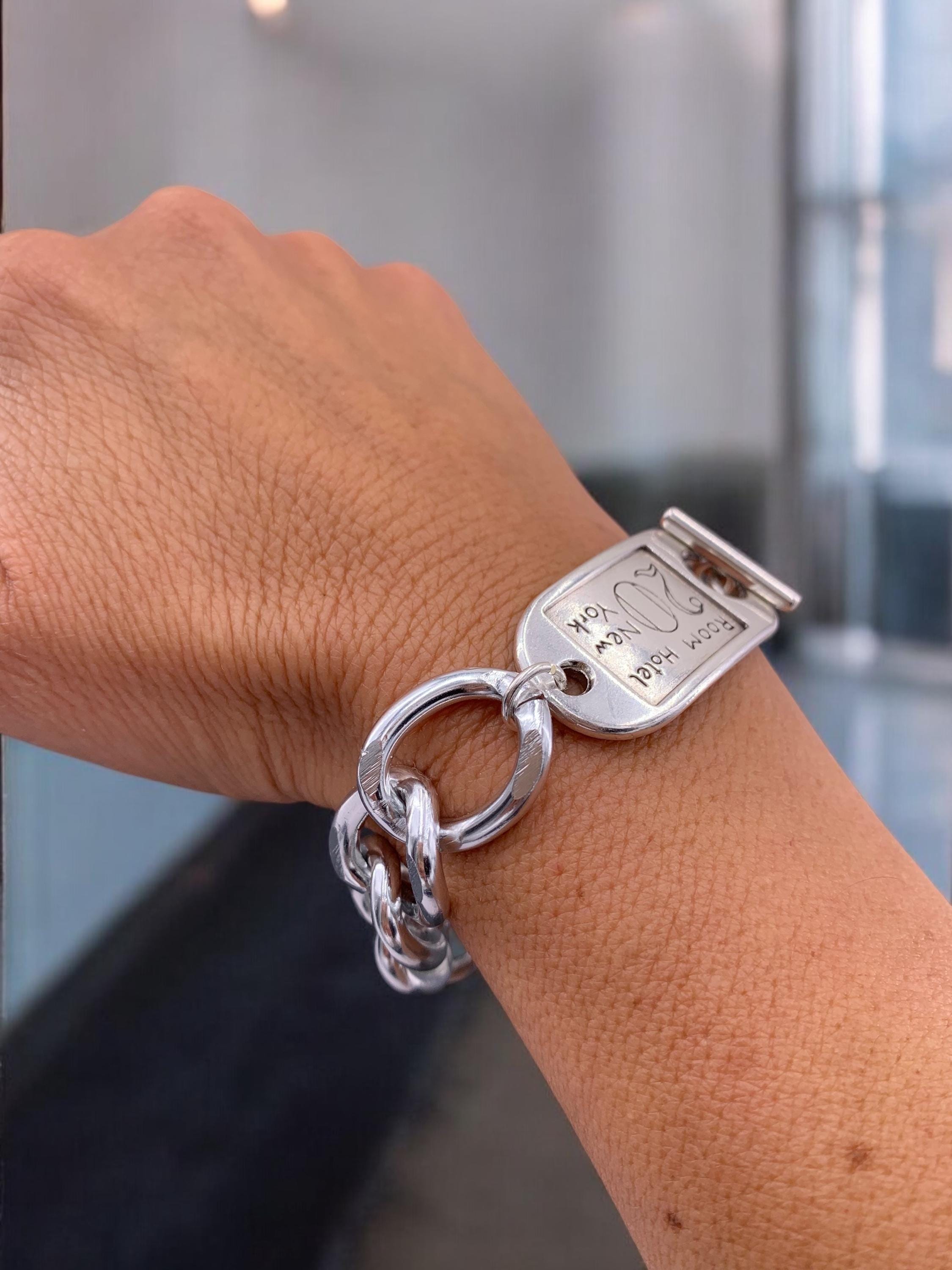 Chunky silver toggle clasp braceelet, ID tag cuff , handmade custom jewelry