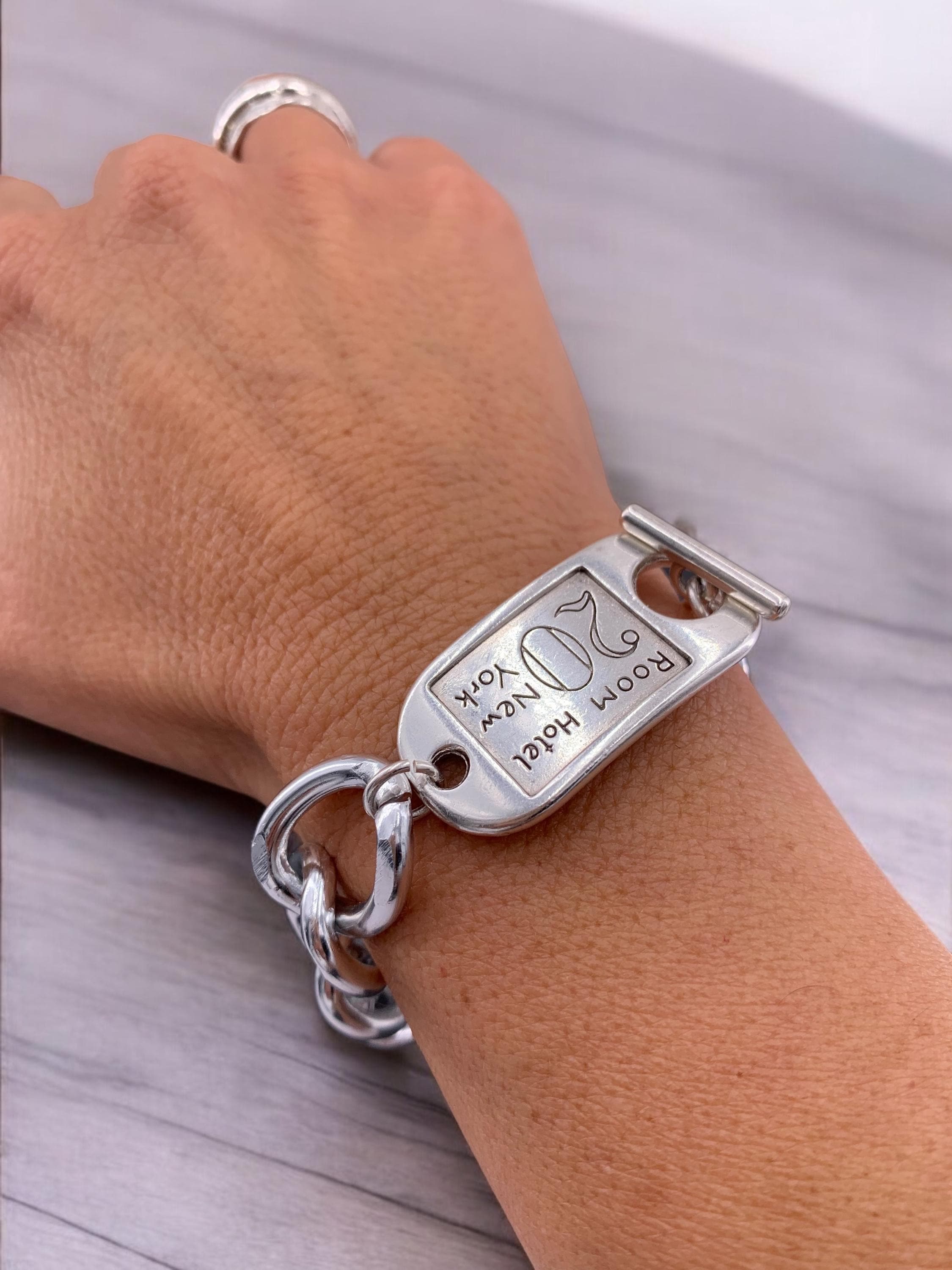 Chunky silver toggle clasp braceelet, ID tag cuff , handmade custom jewelry