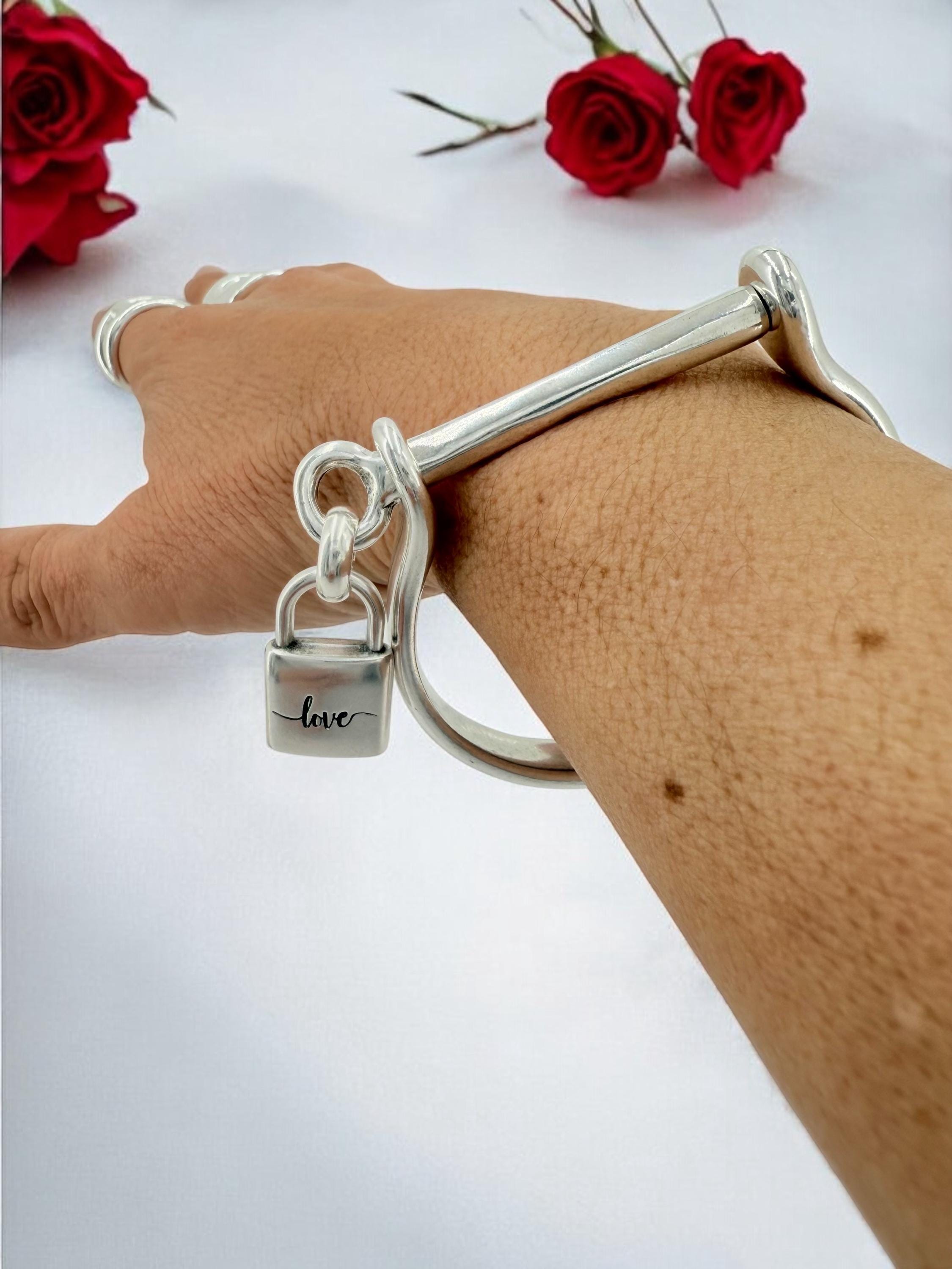 Womens silver screw cuff bracelet, shackle shaped chunky bracelet with a screw, bold cuff bracelet, sturdy U shaped bracelet, padlock cuff