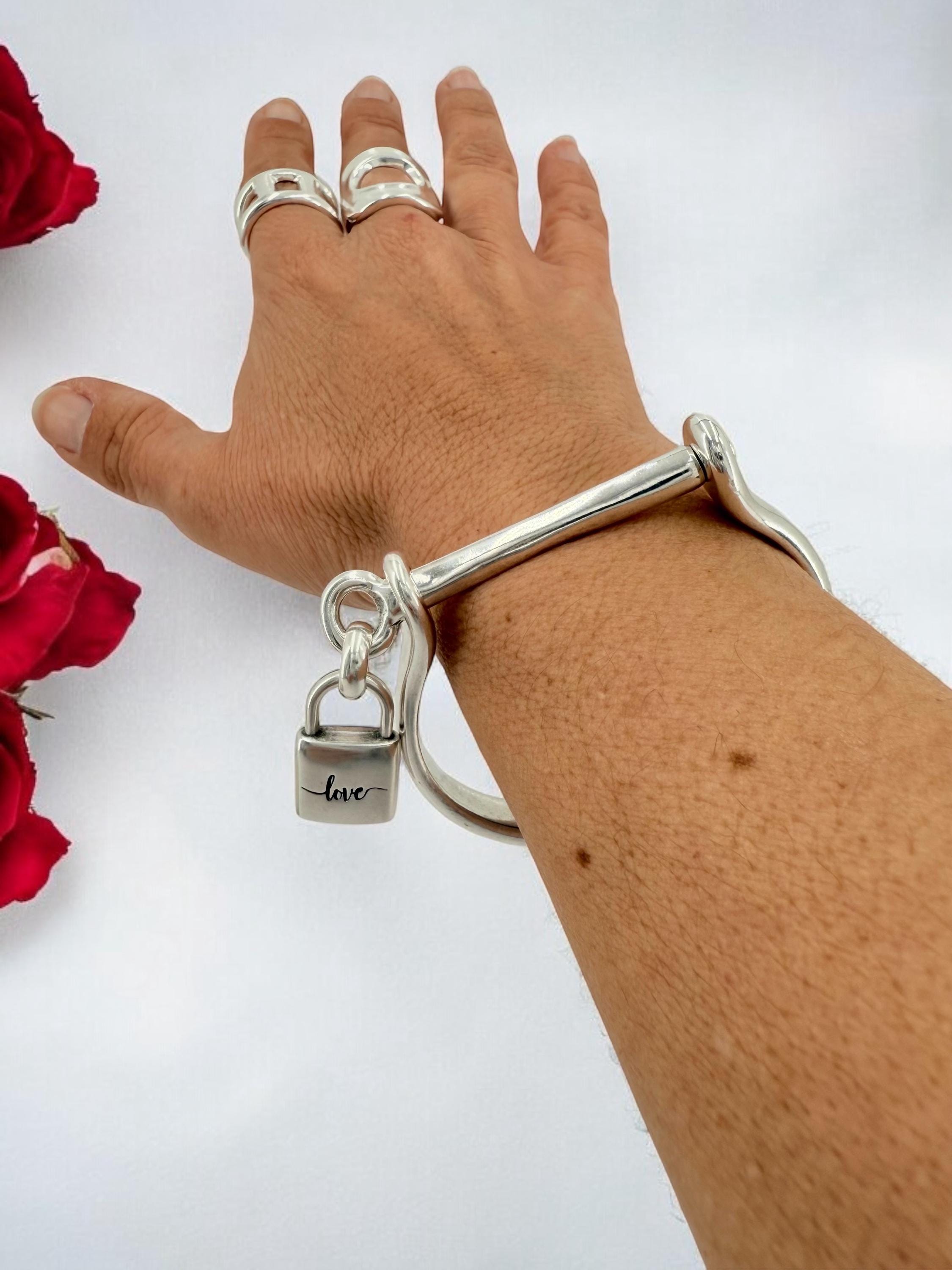 Womens silver screw cuff bracelet, shackle shaped chunky bracelet with a screw, bold cuff bracelet, sturdy U shaped bracelet, padlock cuff