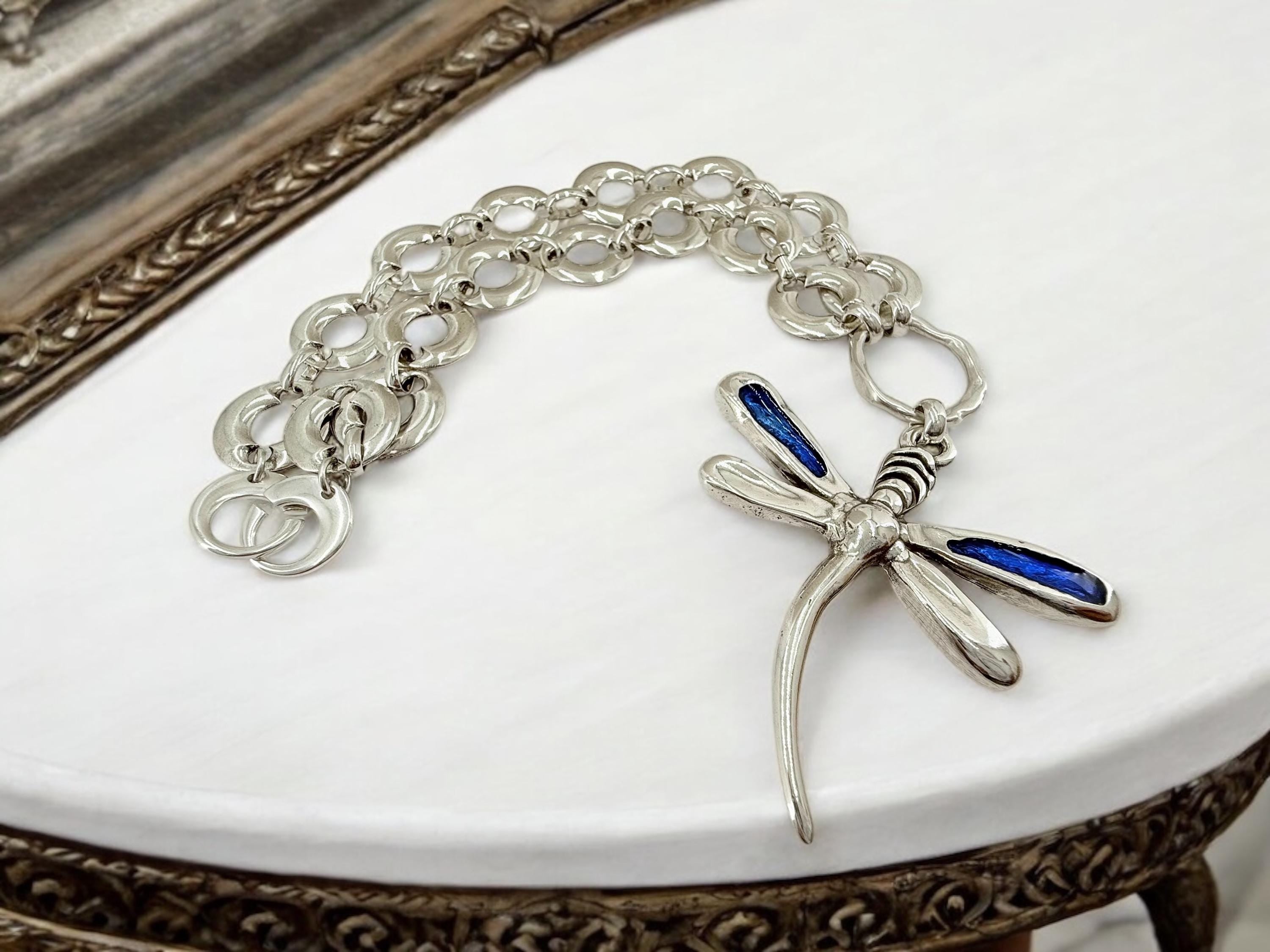 Statement Necklace with Large Dragonfly Pendant — Chunky Heavy Silver Chain, Bold Pendant Necklace