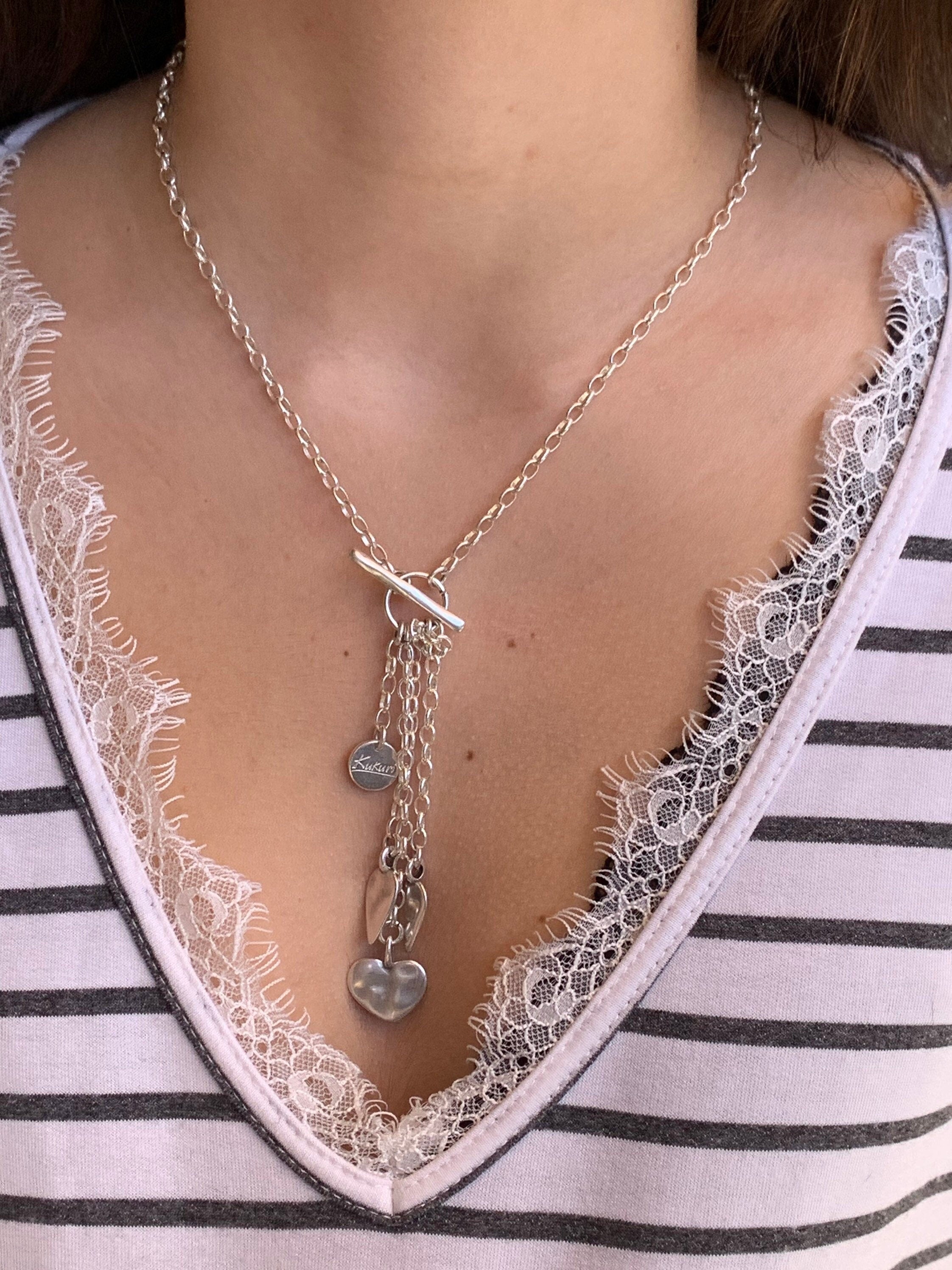 Minimalist silver plated toggle clasp lariat necklace, charms droped choker