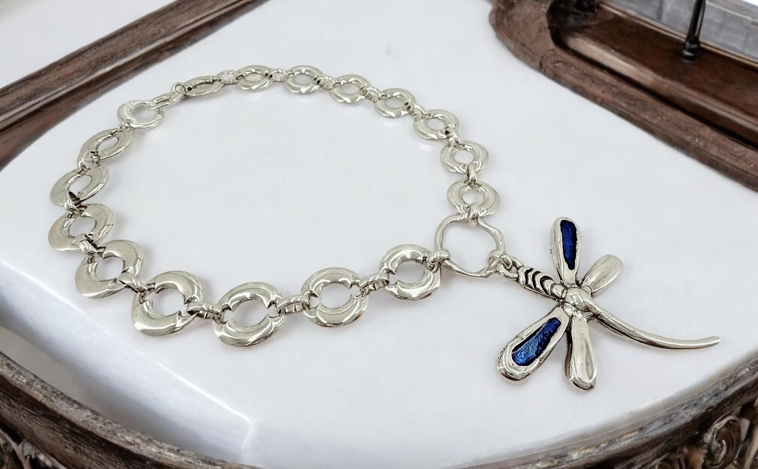 Statement Necklace with Large Dragonfly Pendant — Chunky Heavy Silver Chain, Bold Pendant Necklace