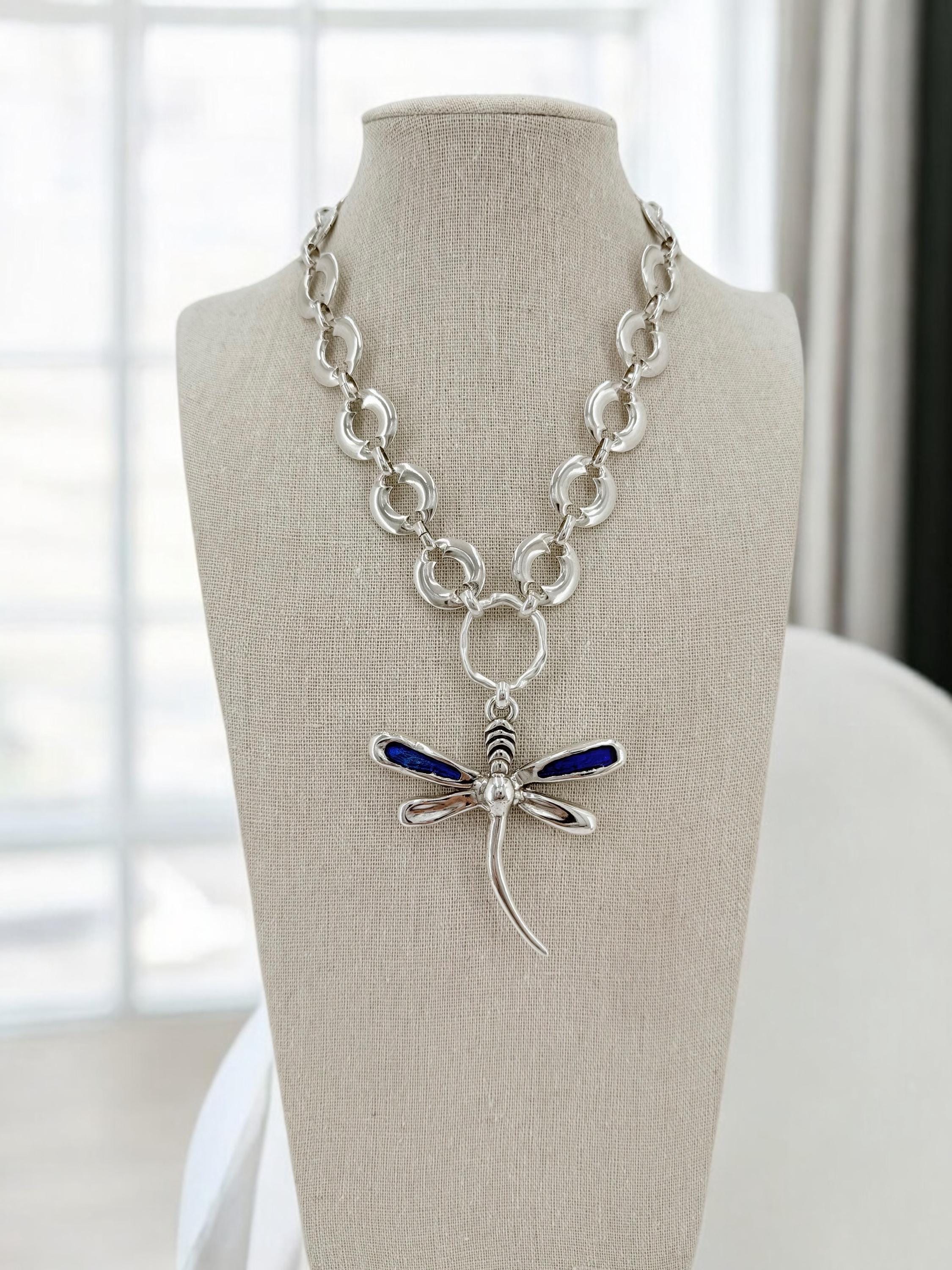Statement Necklace with Large Dragonfly Pendant — Chunky Heavy Silver Chain, Bold Pendant Necklace