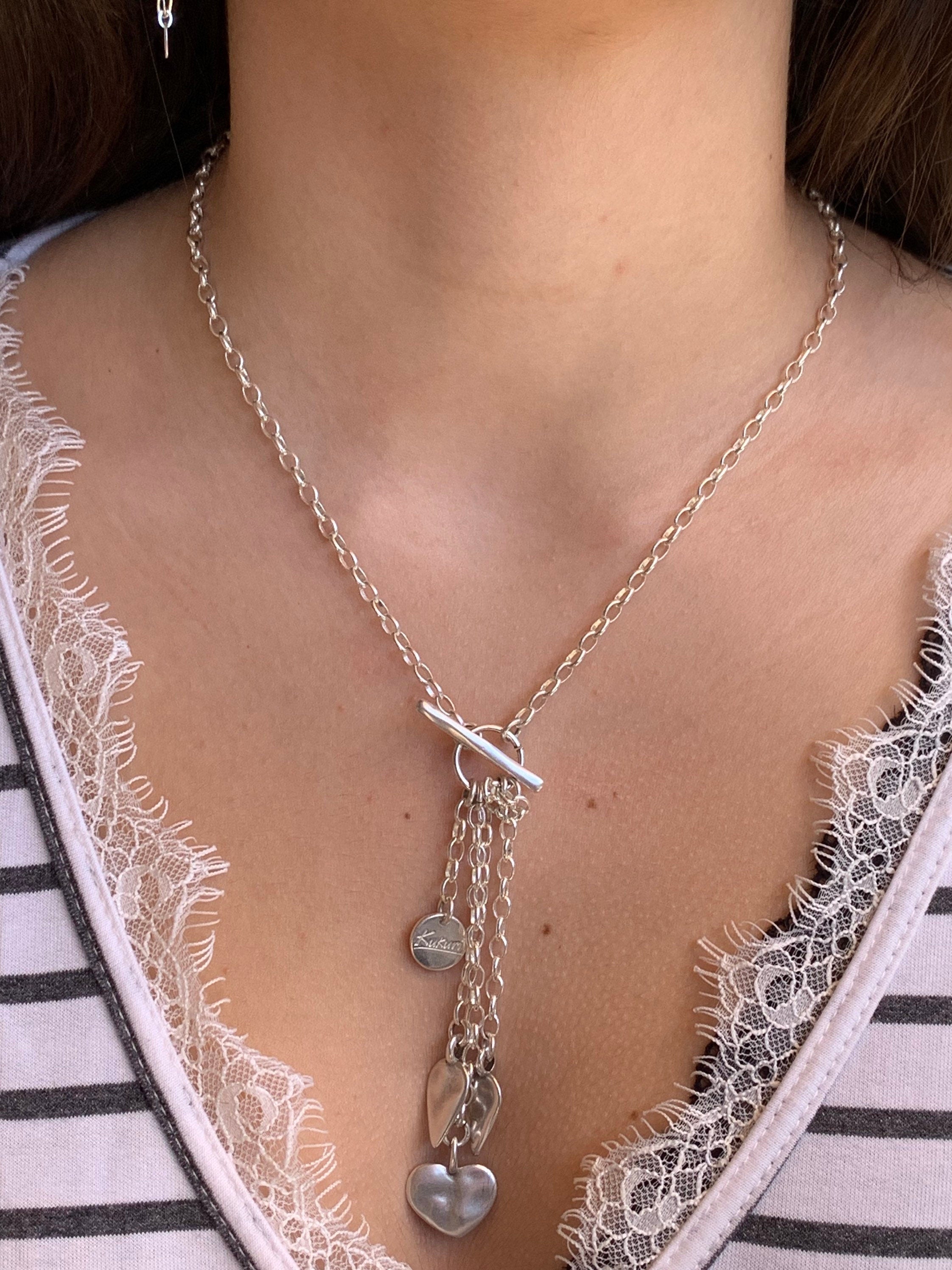 Silver chain toggle original heart pendant necklace, Y necklace with statement chains pendants, gift for women, special gift forwomen
