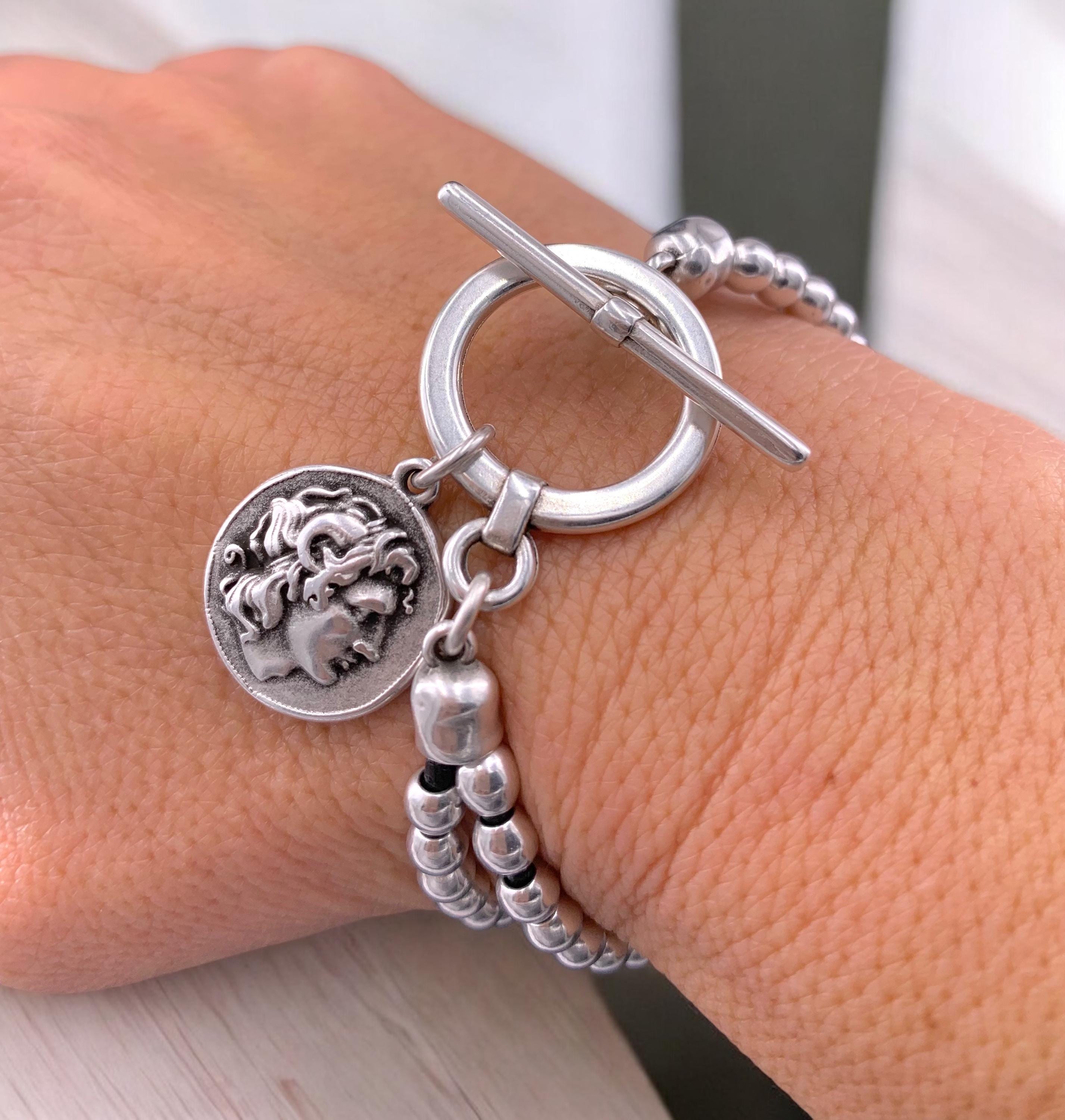 Chunky silver beaded bracelet with toggle clasp and Greek coin pendant, bold handmade jewelry