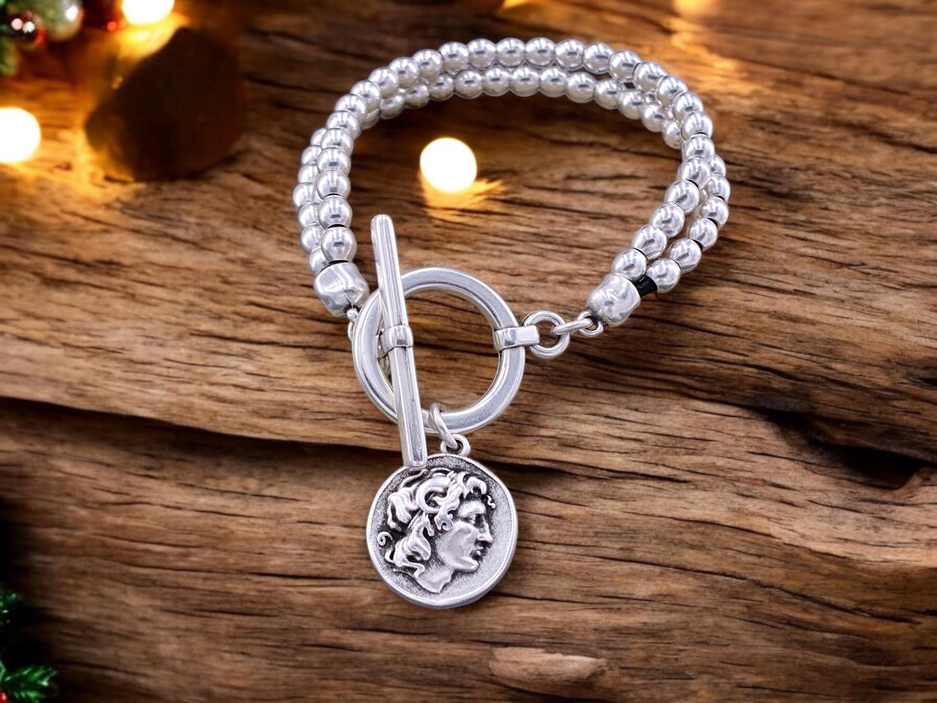 Chunky silver beaded bracelet with toggle clasp and Greek coin pendant, bold handmade jewelry