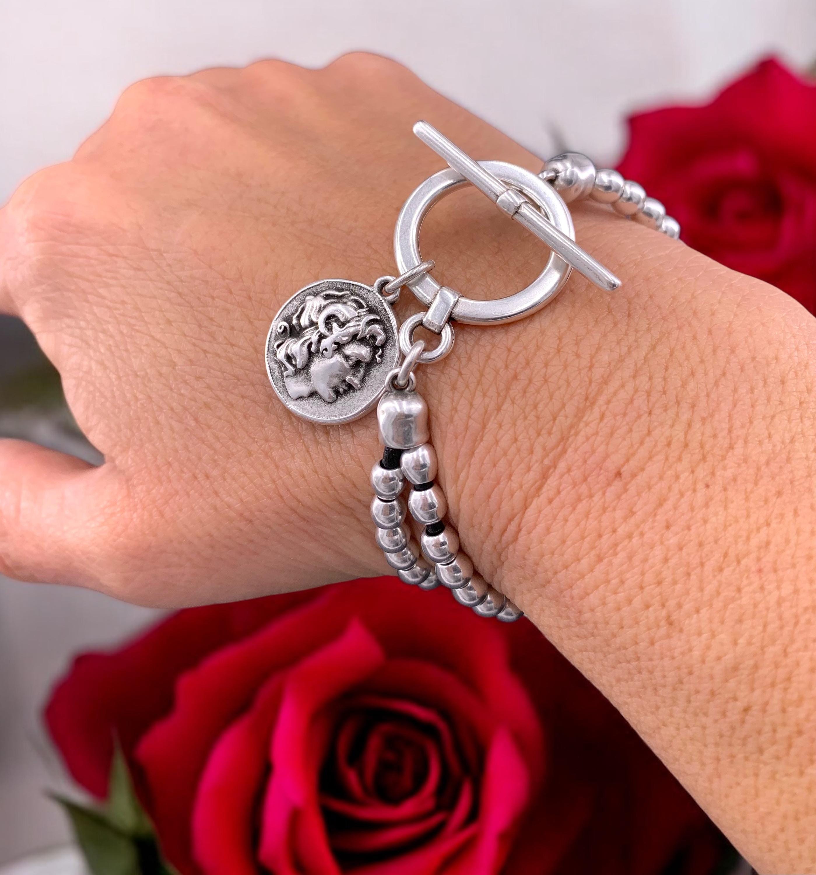 Chunky silver beaded bracelet with toggle clasp and Greek coin pendant, bold handmade jewelry