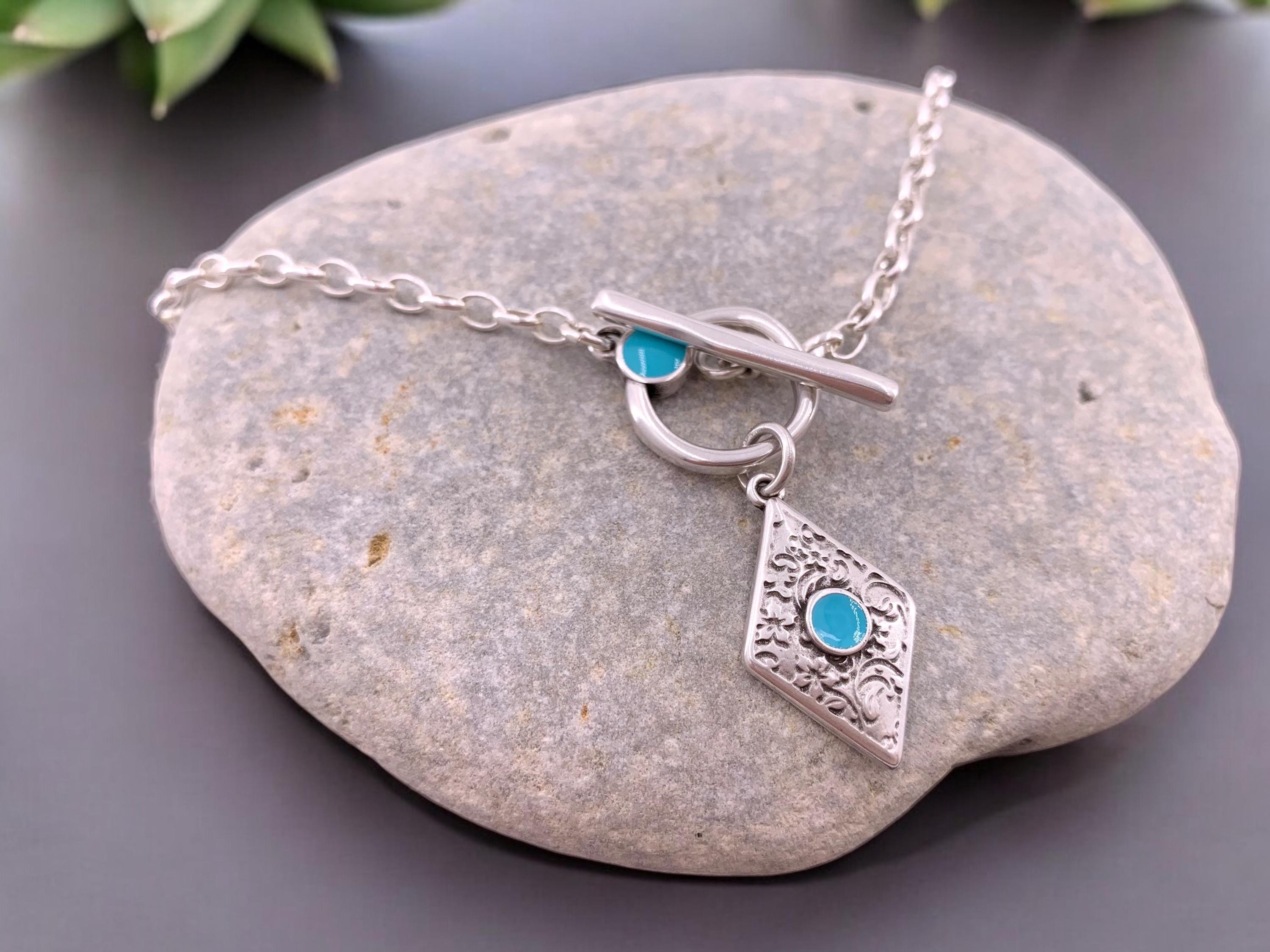 Toggle clasp silver chain necklace with colorful tribal pendant, bohemian style fine silver chain pendant necklace, uno de 50 style, gift