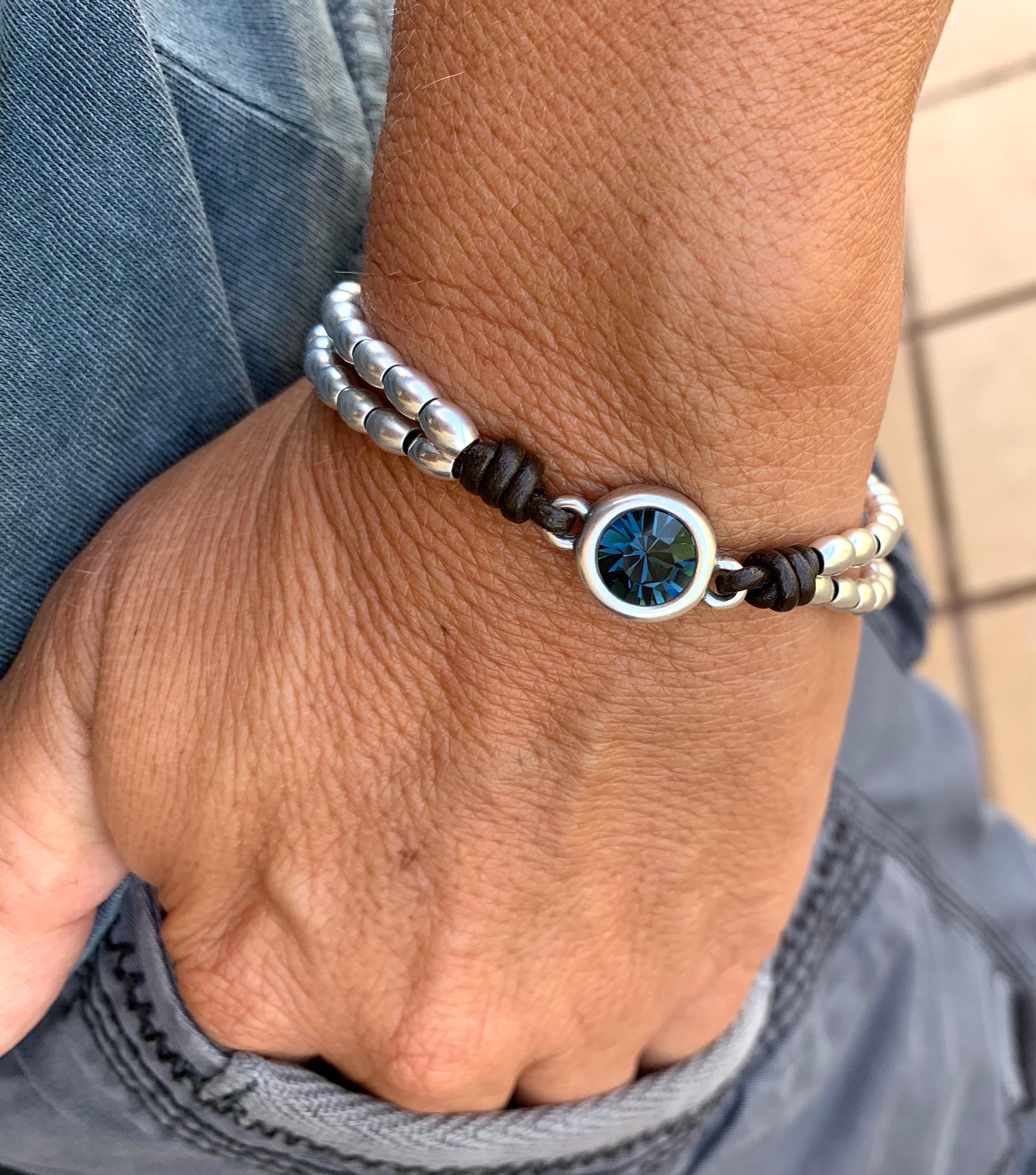 Silver beaded leather bracelet with Swarovski central piece, bohemian handmade jewelry
