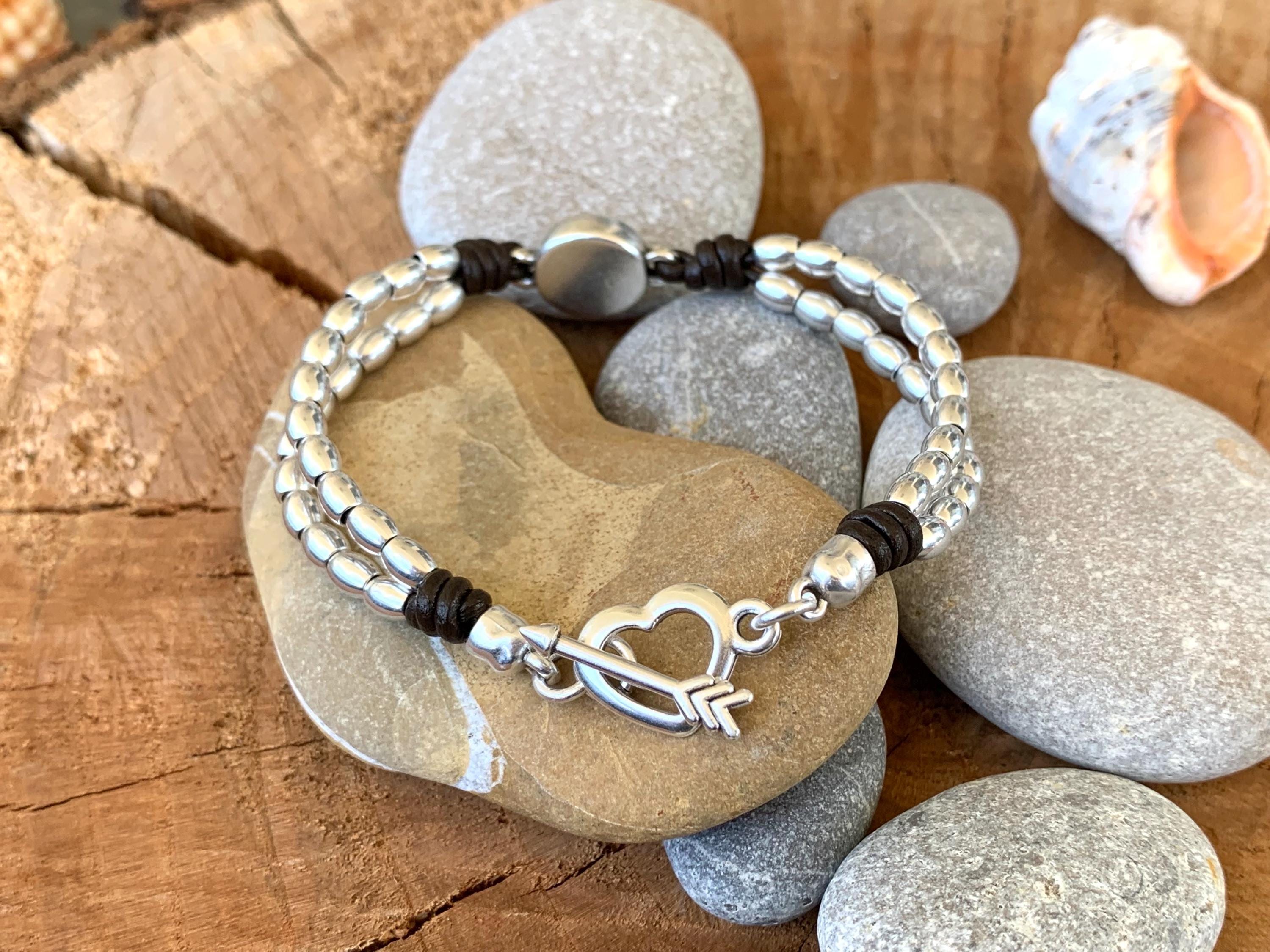 Silver beaded leather bracelet with Swarovski central piece, bohemian handmade jewelry