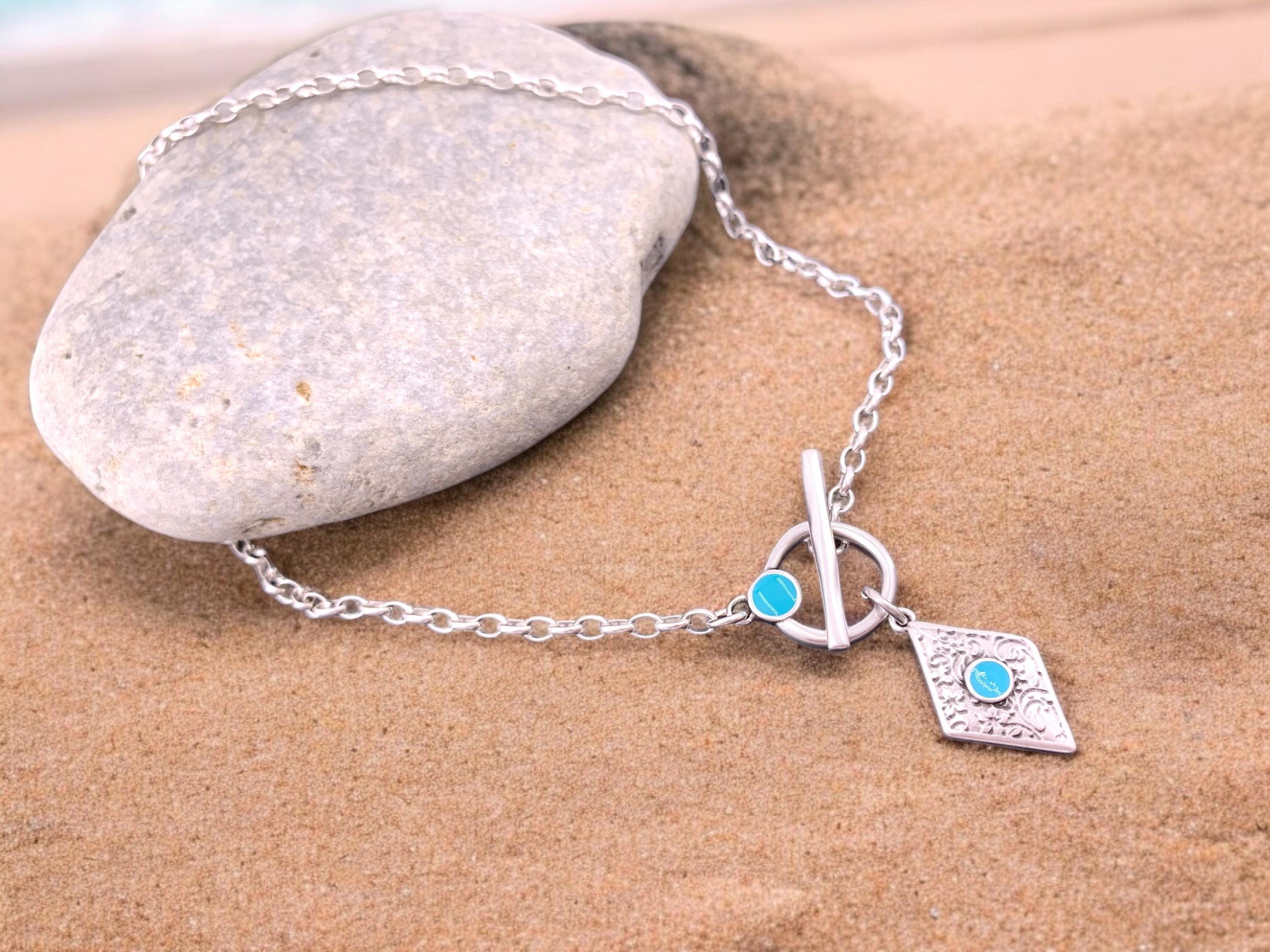 Toggle clasp silver chain necklace with colorful tribal pendant, bohemian style fine silver chain pendant necklace, uno de 50 style, gift