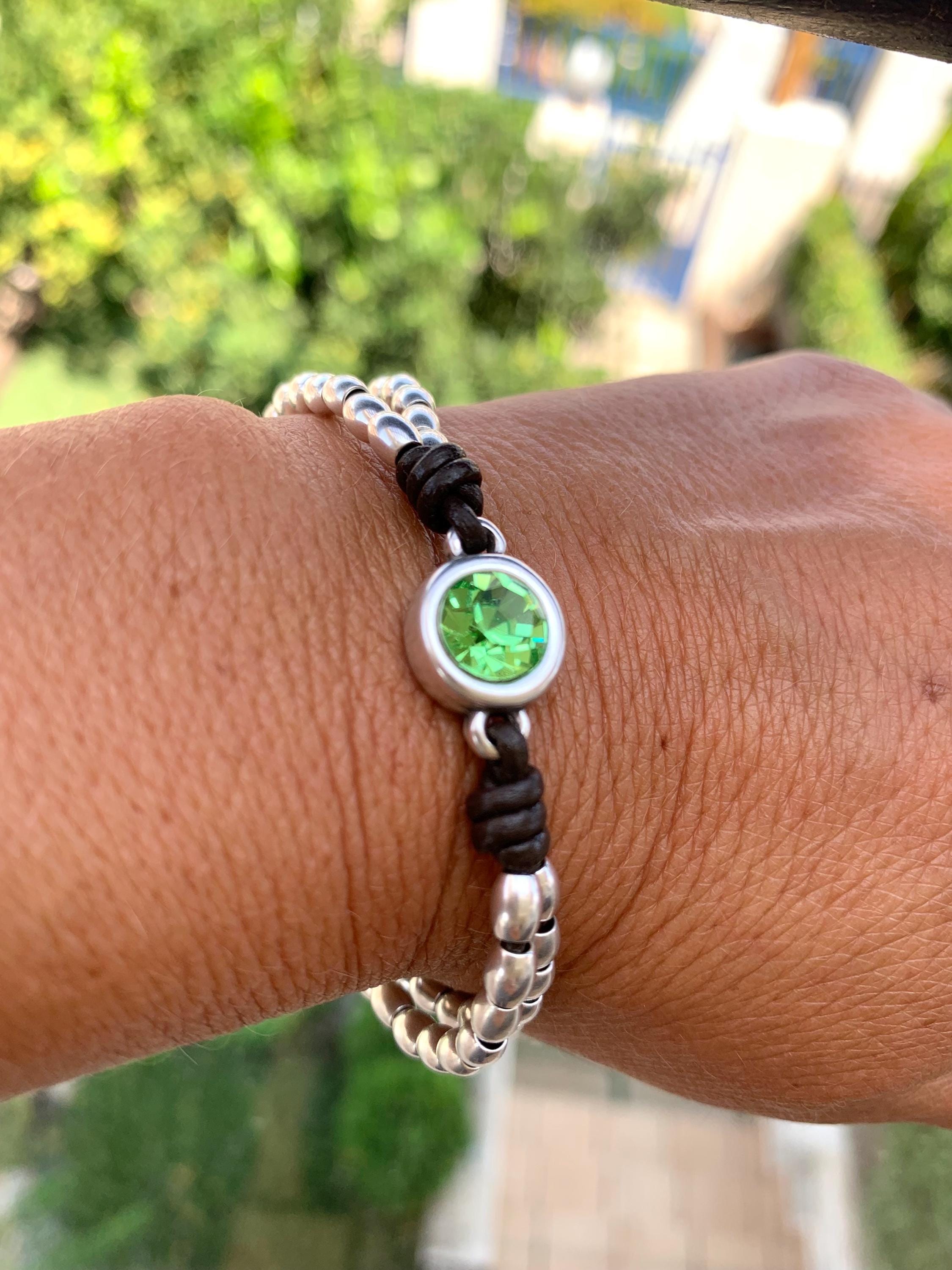 Silver beaded leather bracelet with Swarovski central piece, bohemian handmade jewelry