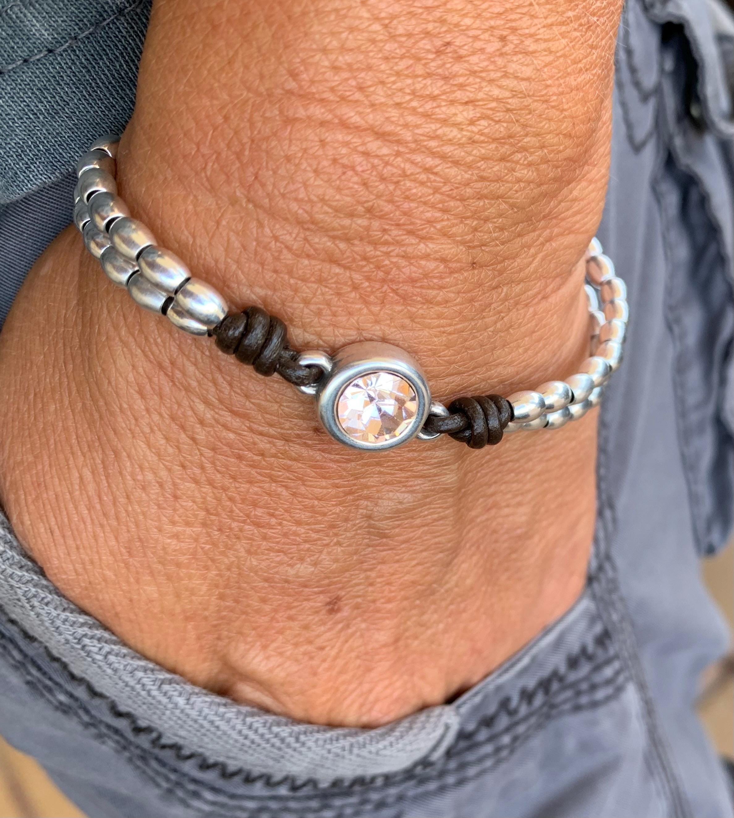 Silver beaded leather bracelet with Swarovski central piece, bohemian handmade jewelry