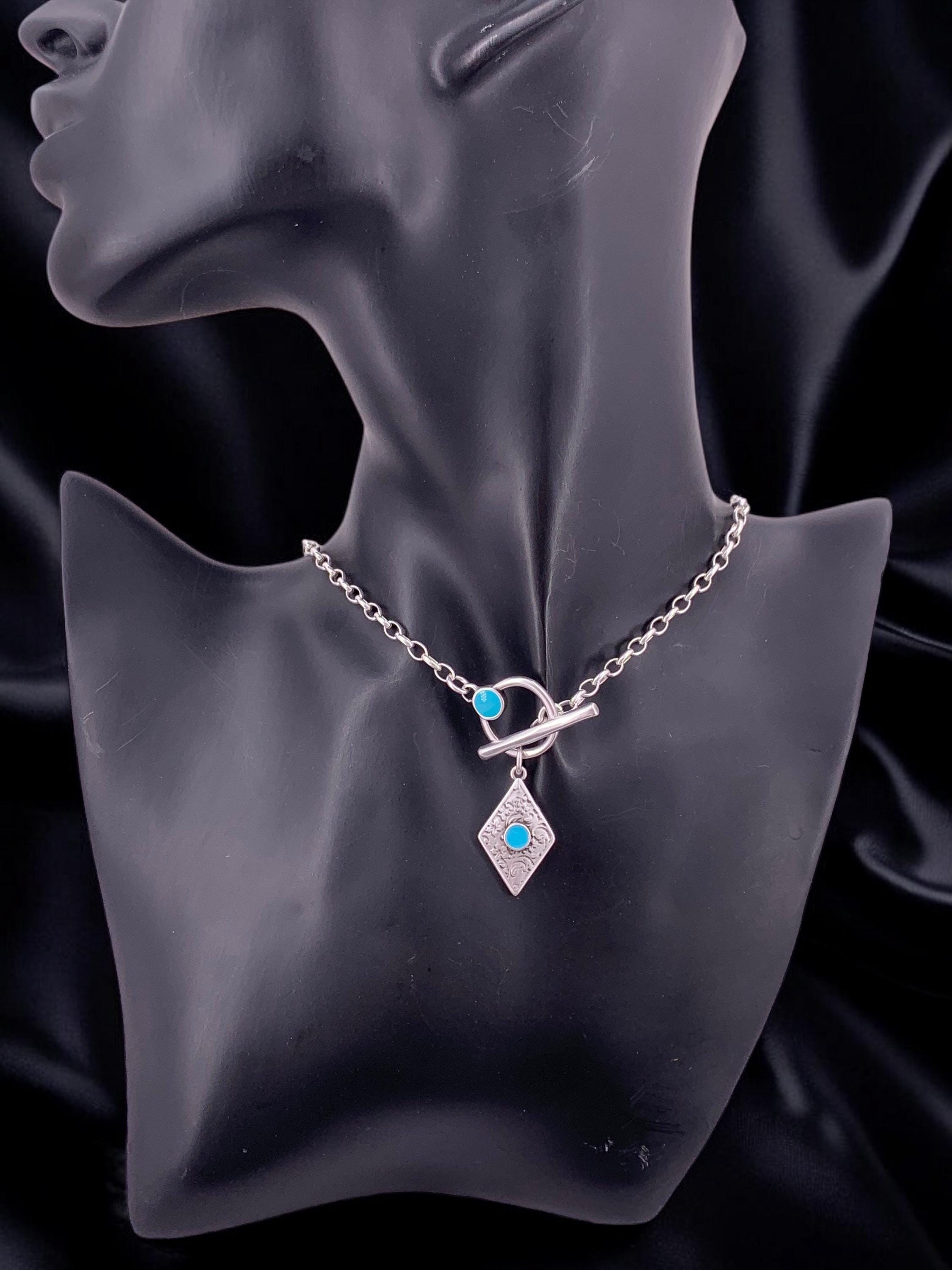 Toggle clasp silver chain necklace with colorful tribal pendant, bohemian style fine silver chain pendant necklace, uno de 50 style, gift