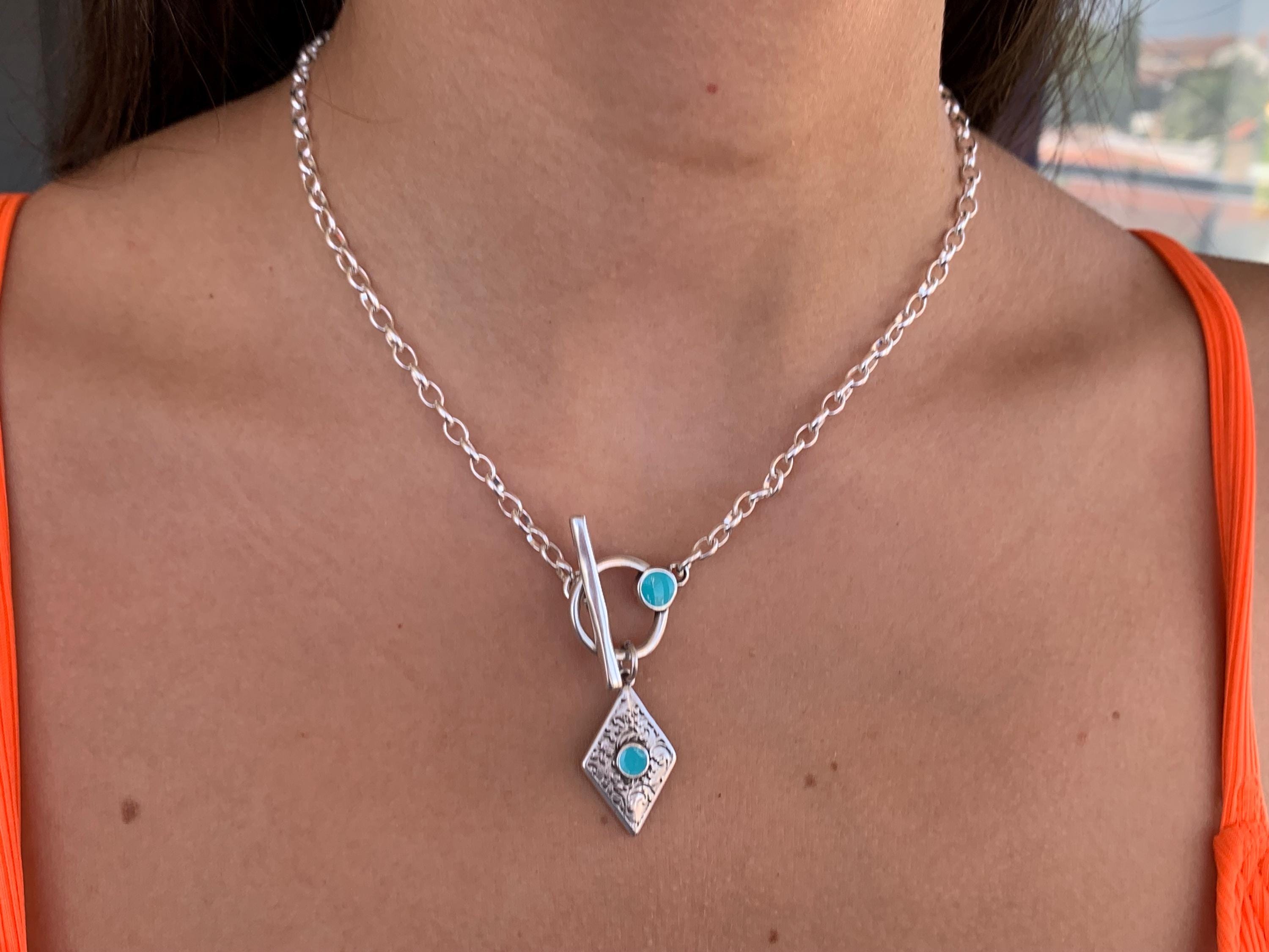 Toggle clasp silver chain necklace with colorful tribal pendant, bohemian style fine silver chain pendant necklace, uno de 50 style, gift