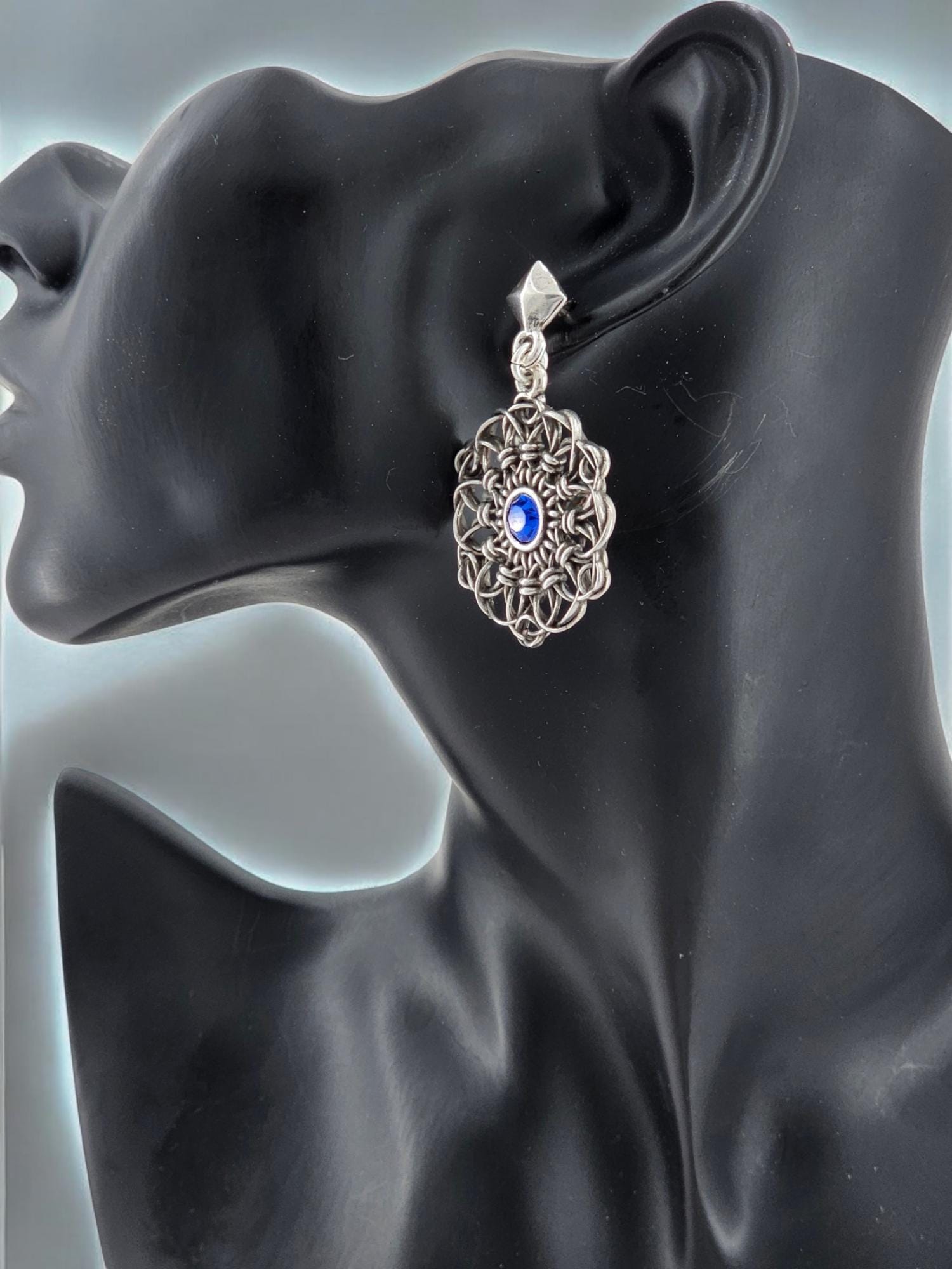 Mandala Earrings with Blue Enamel – Handmade Silver-Plated Drop Design with Lightweight Filigree Detail, teeardrop long earrings, gift