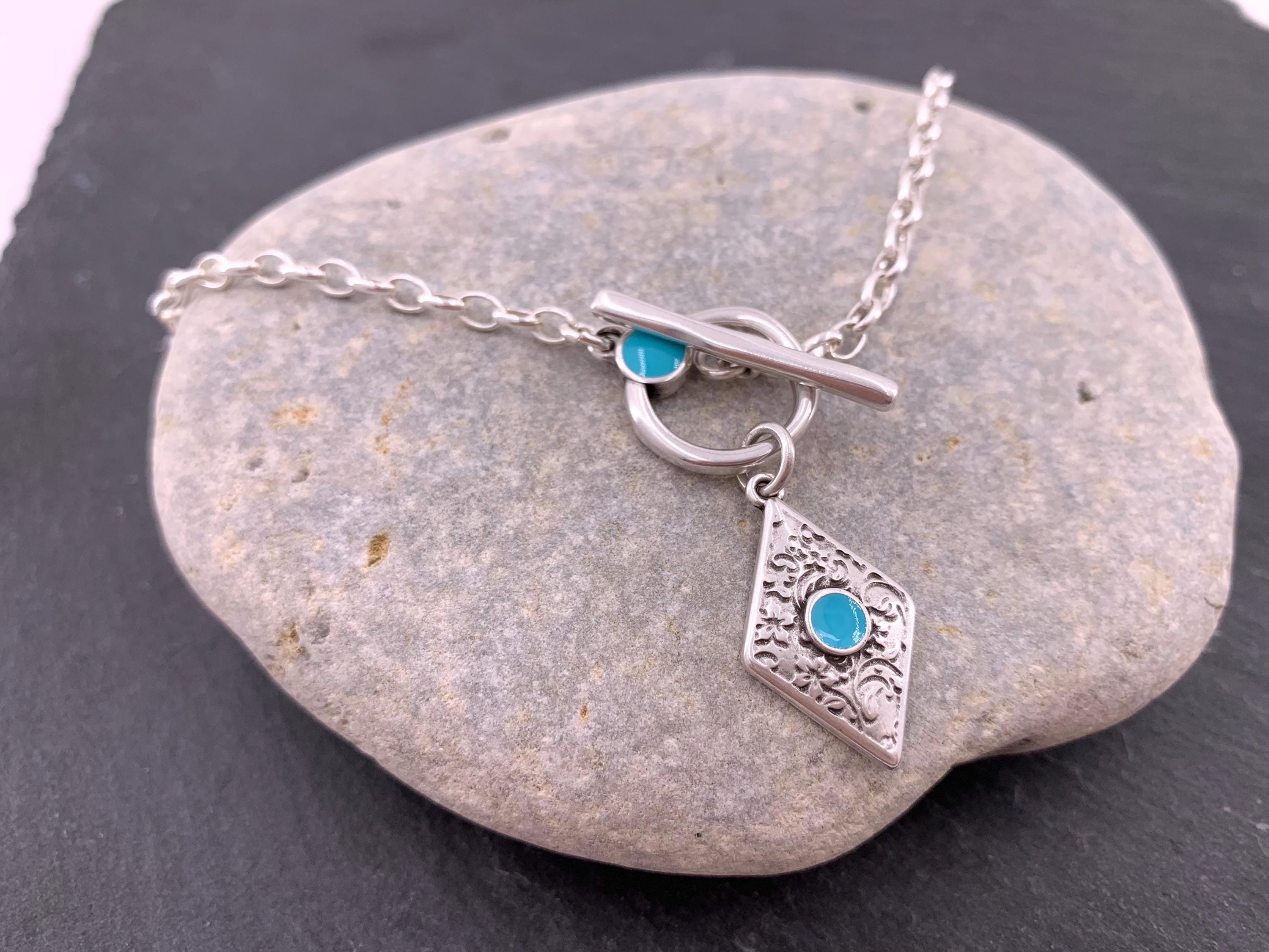 Toggle clasp silver chain necklace with colorful tribal pendant, bohemian style fine silver chain pendant necklace, uno de 50 style, gift