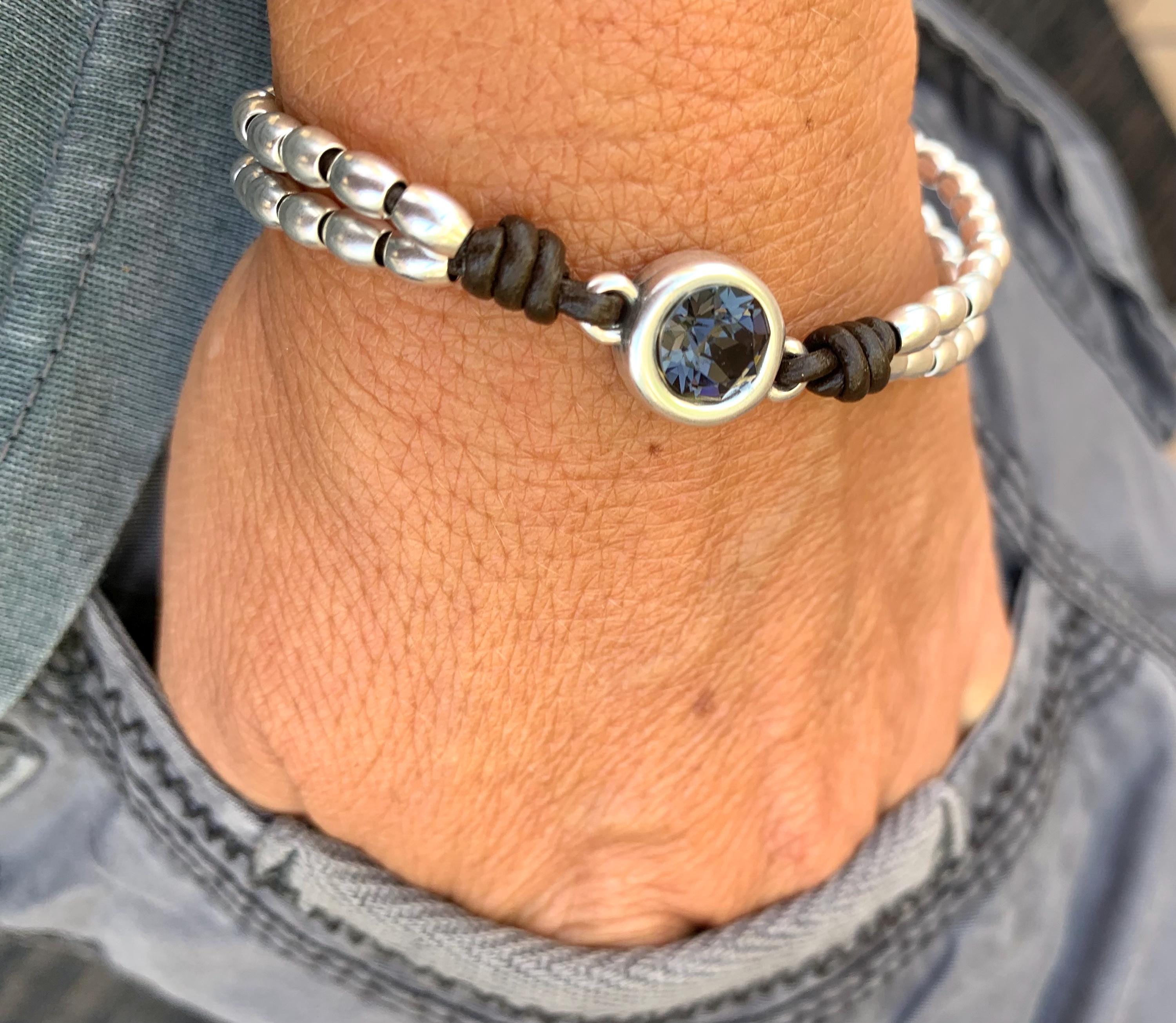 Silver beaded leather bracelet with Swarovski central piece, bohemian handmade jewelry