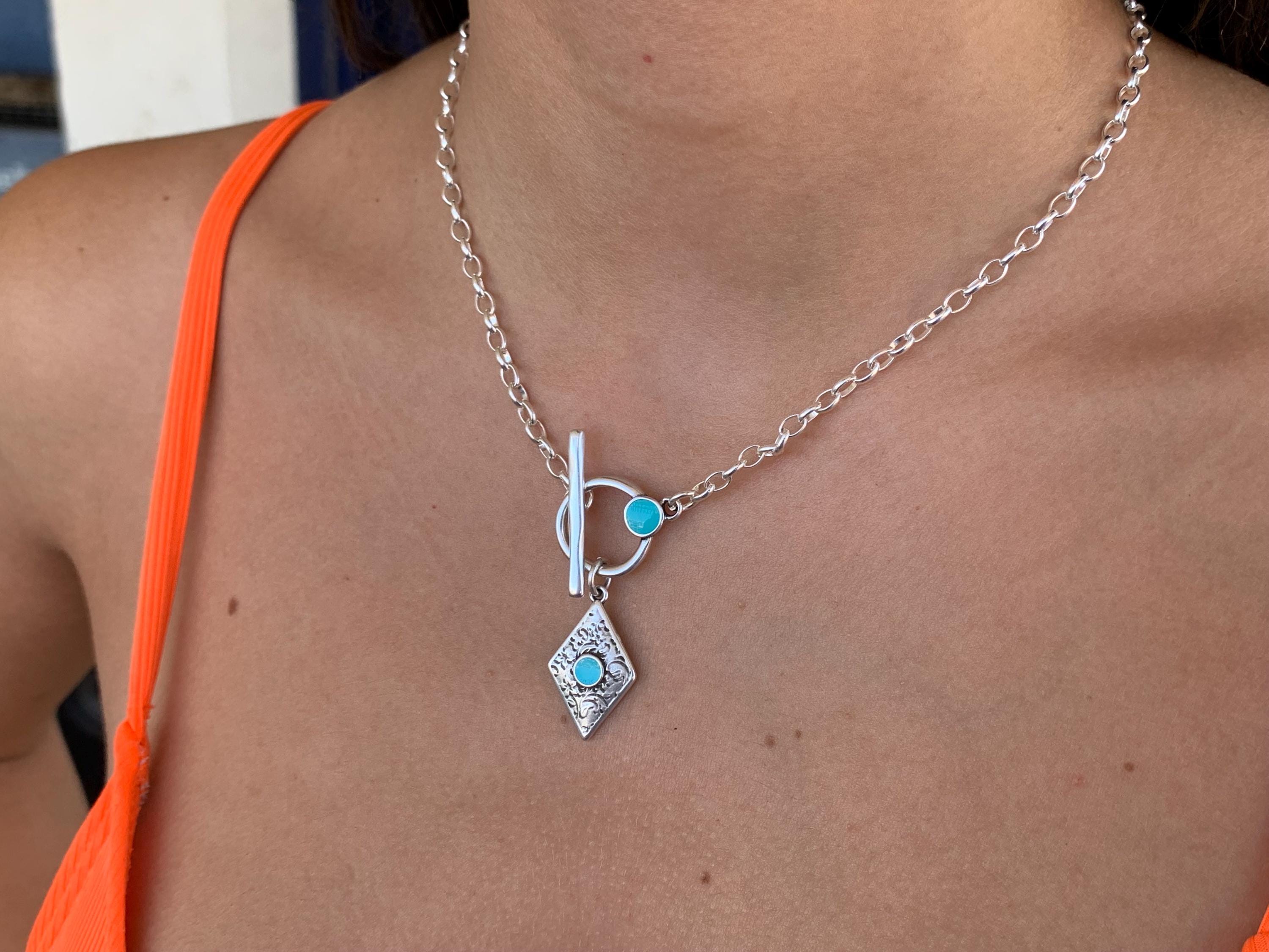 Toggle clasp silver chain necklace with colorful tribal pendant, bohemian style fine silver chain pendant necklace, uno de 50 style, gift