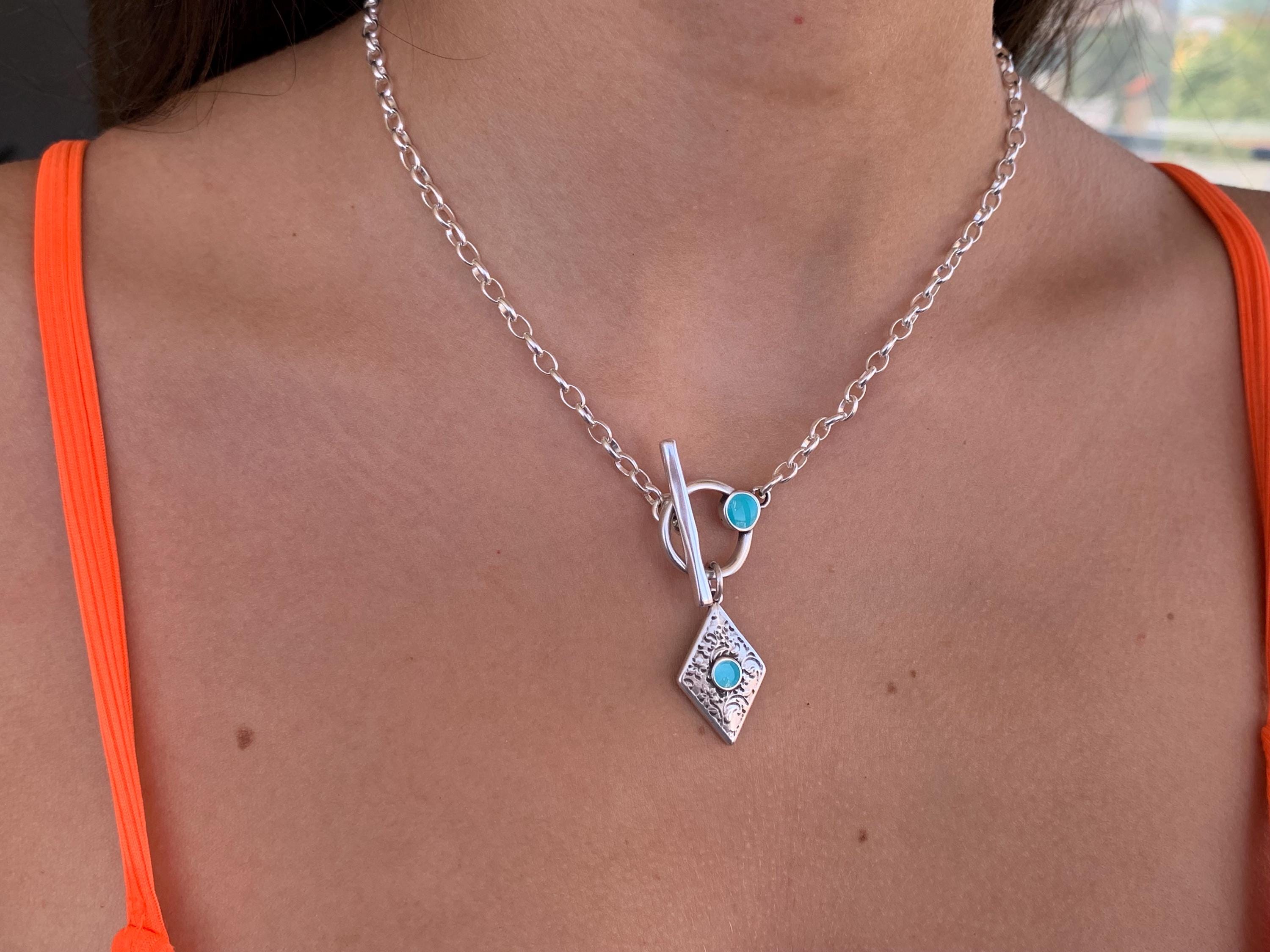 Toggle clasp silver chain necklace with colorful tribal pendant, bohemian style fine silver chain pendant necklace, uno de 50 style, gift