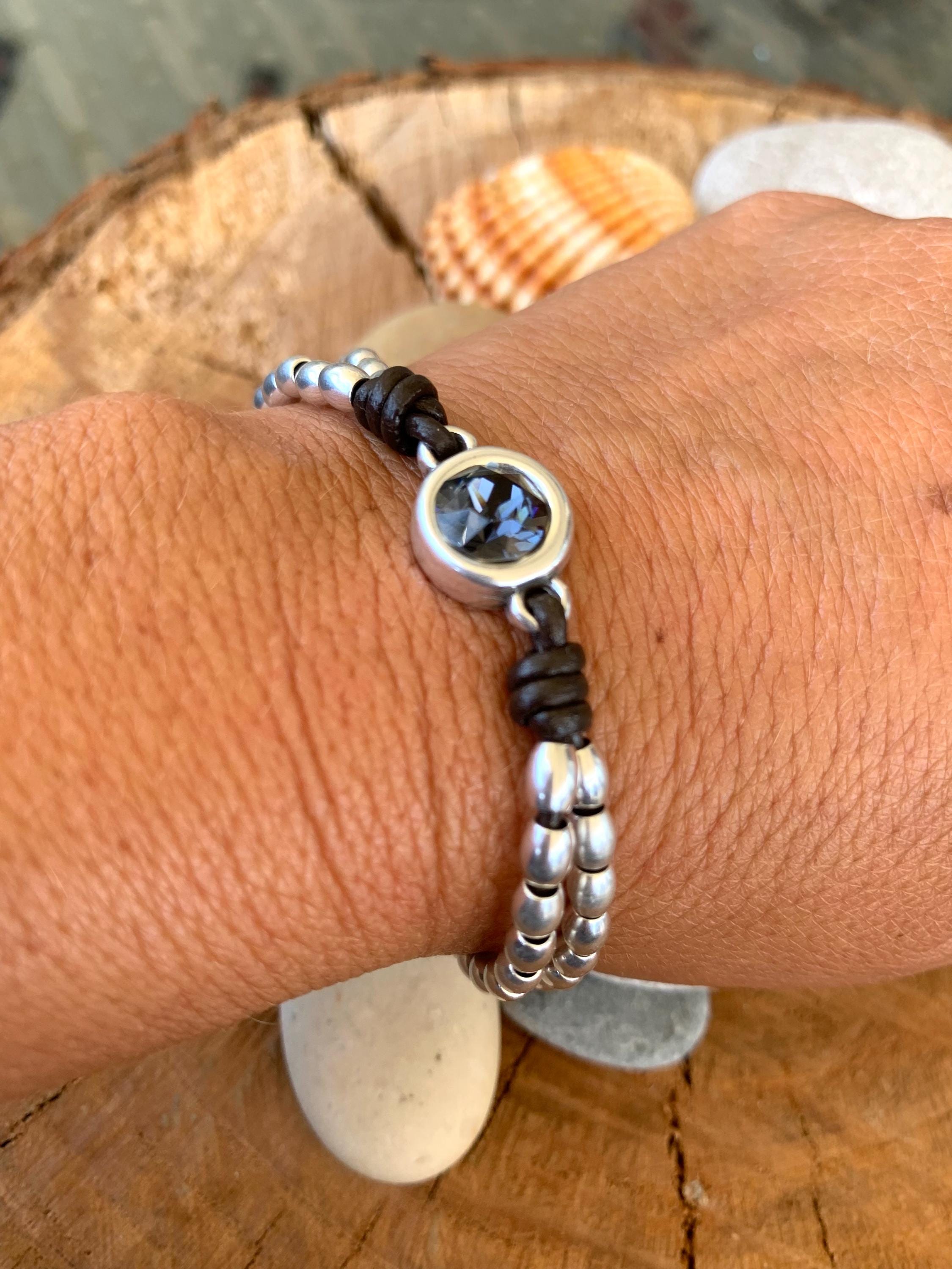 Silver beaded leather bracelet with Swarovski central piece, bohemian handmade jewelry