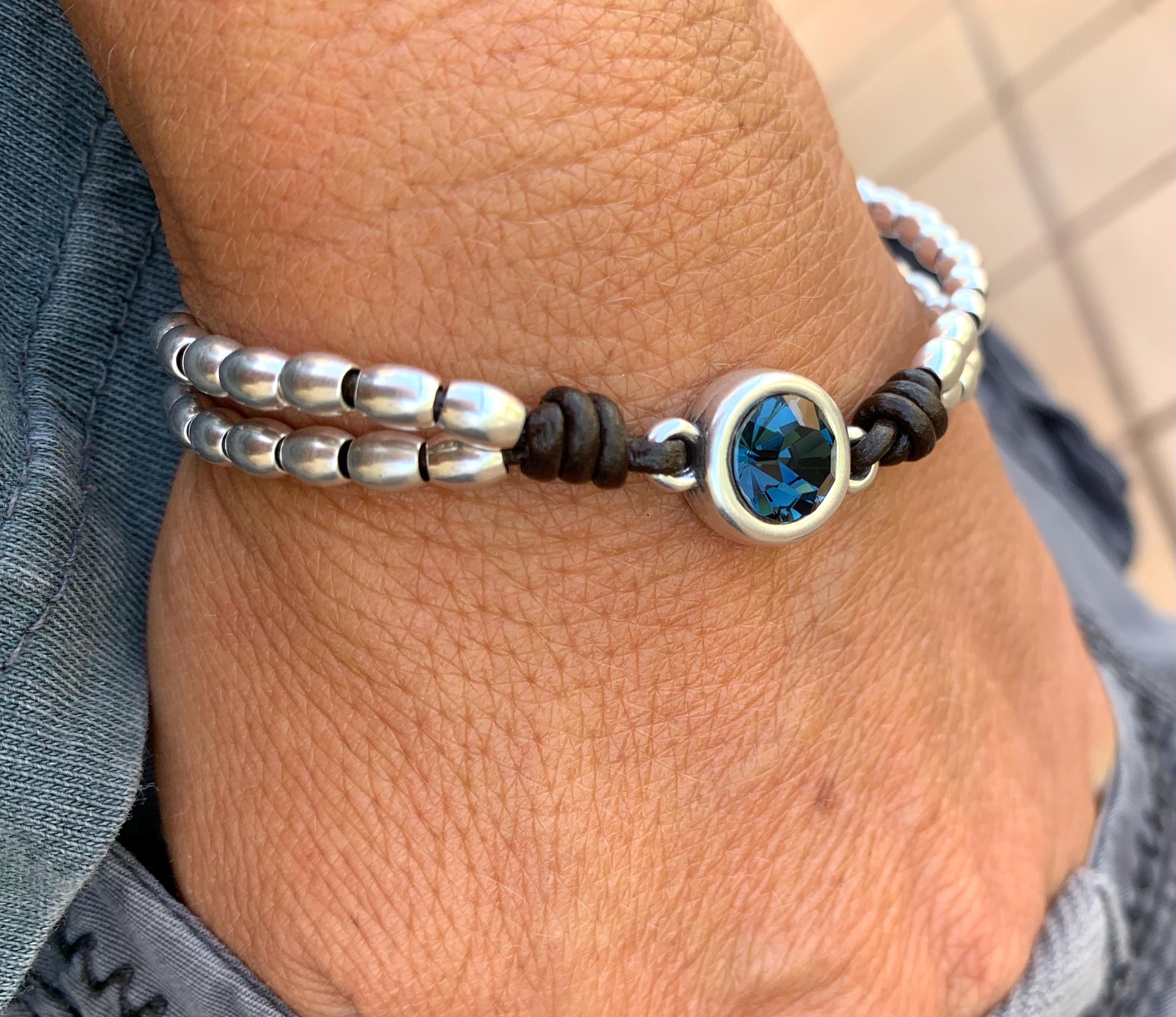 Silver beaded leather bracelet with Swarovski central piece, bohemian handmade jewelry