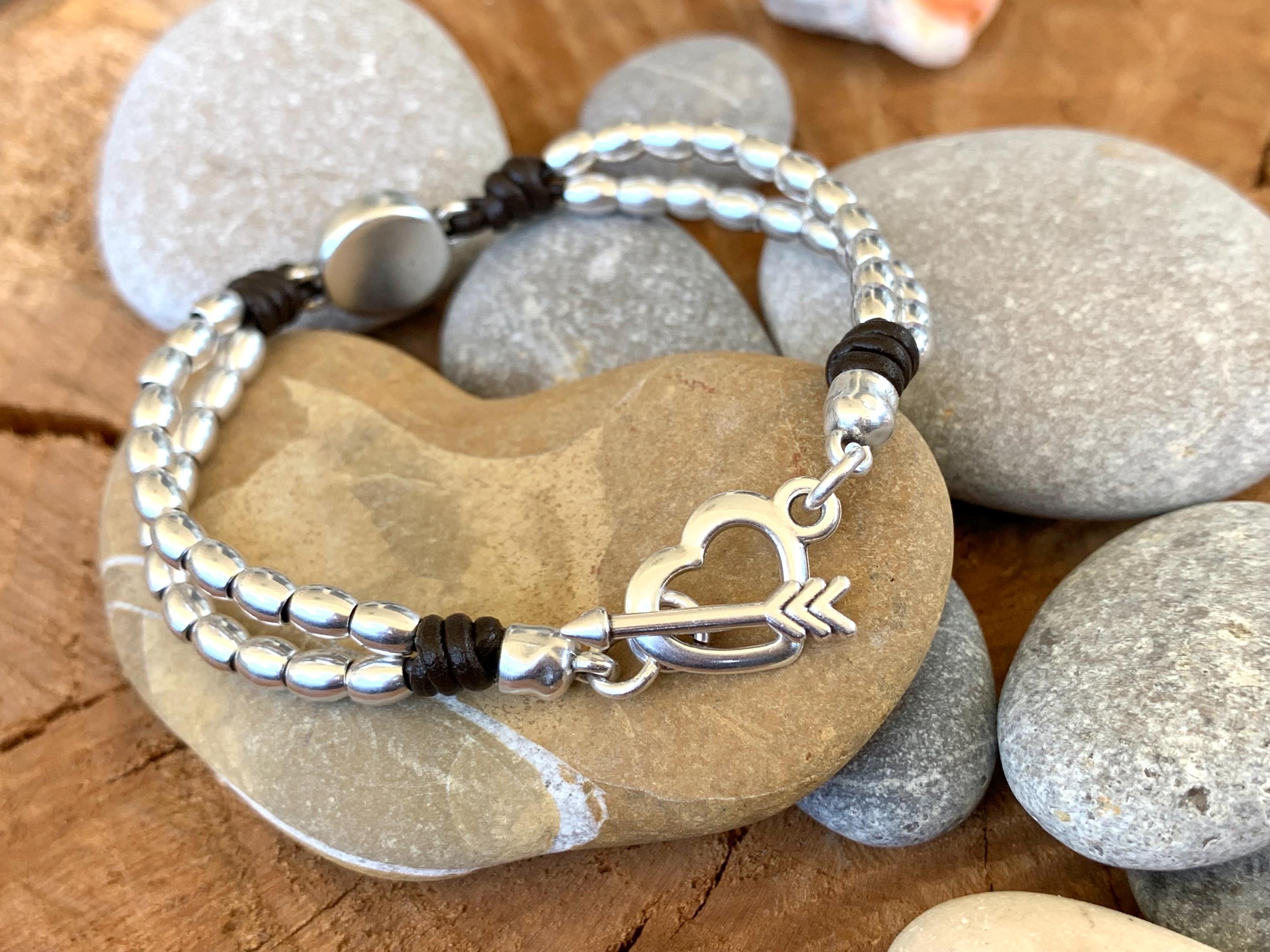 Silver beaded leather bracelet with Swarovski central piece, bohemian handmade jewelry