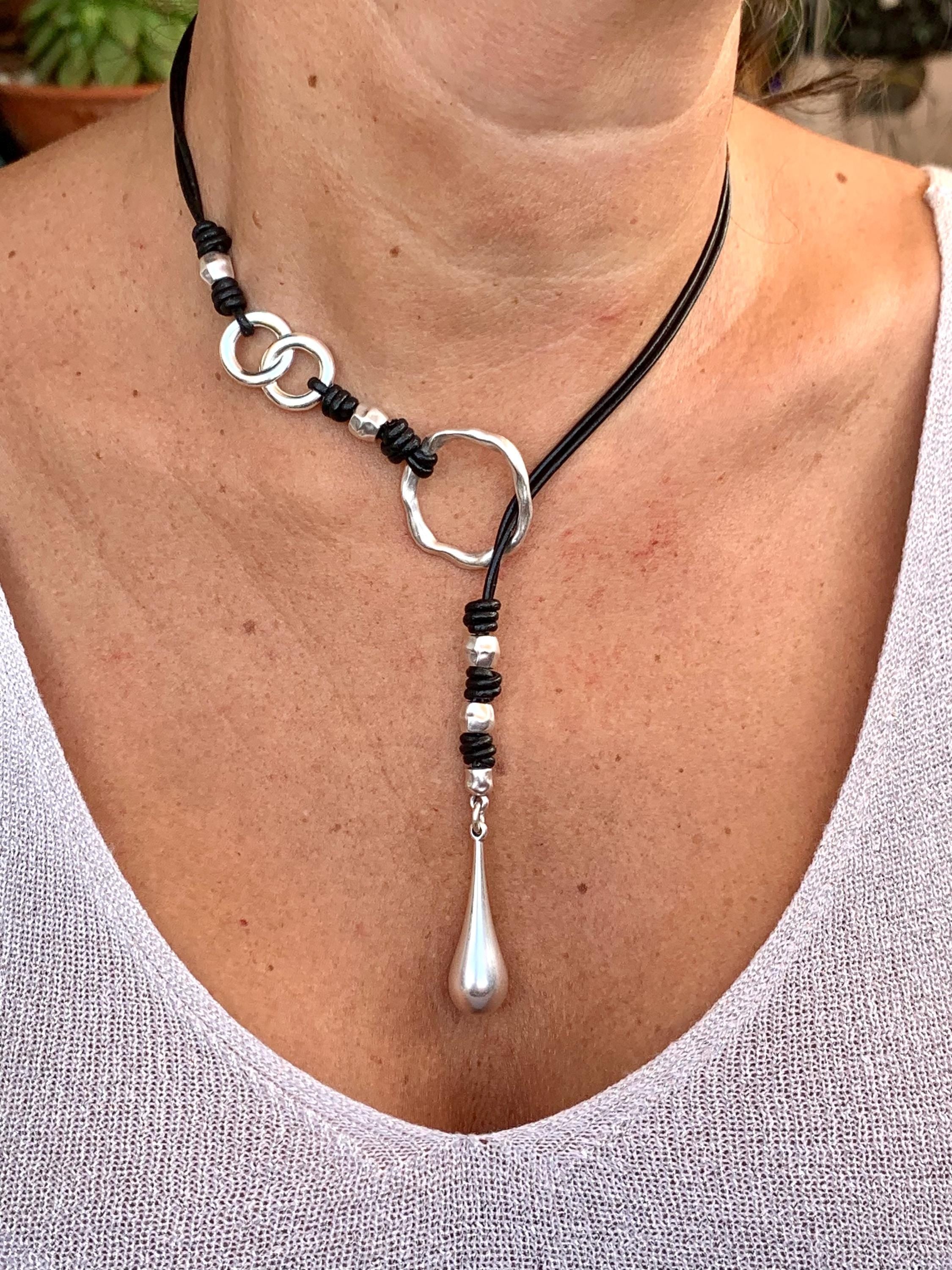 Lariat leather necklace, lariat silver necklace, leather choker, Y necklace, tribal necklace, drop pendant lariat necklace, uno de 50 style