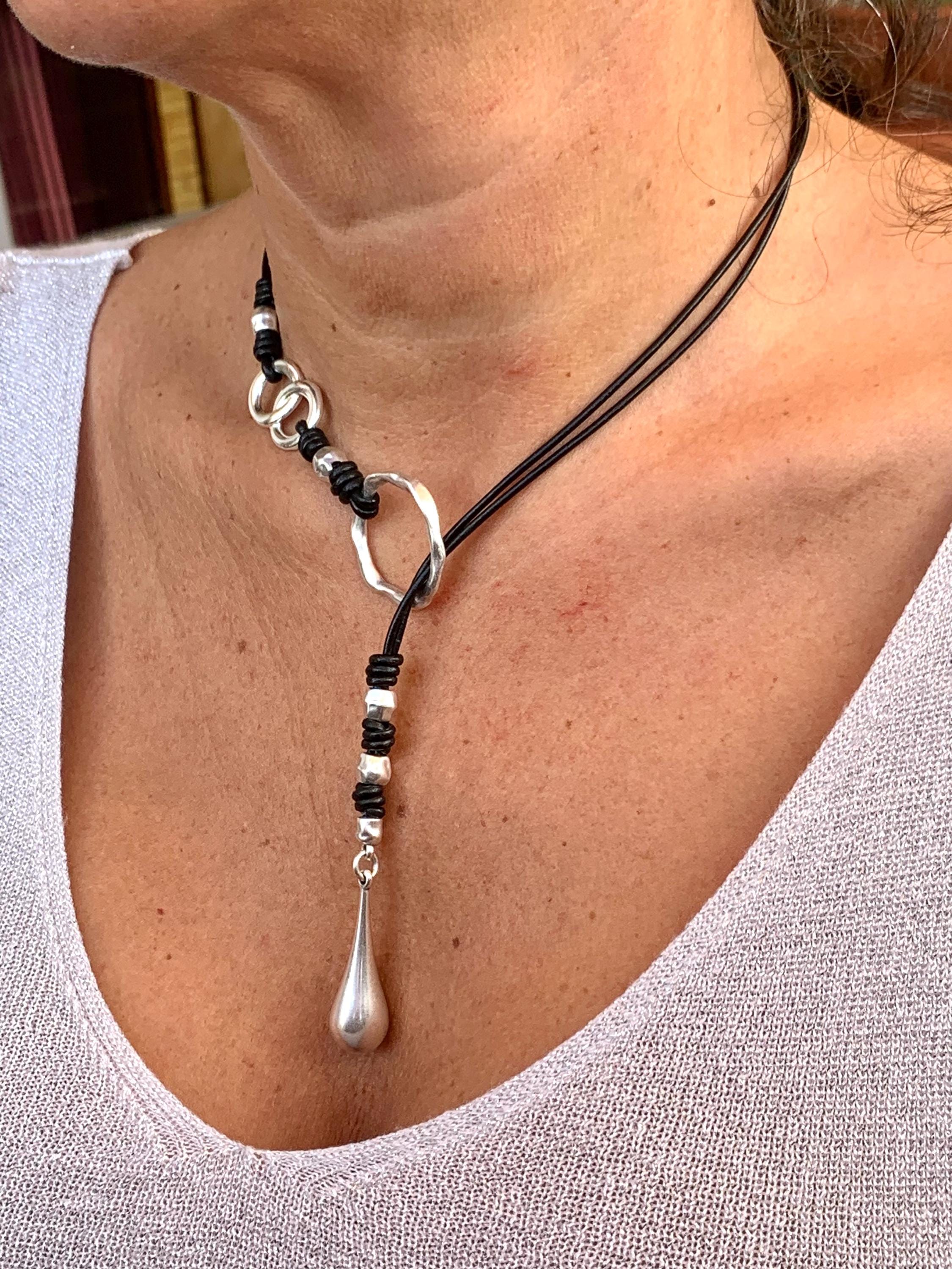 Lariat leather necklace, lariat silver necklace, leather choker, Y necklace, tribal necklace, drop pendant lariat necklace, uno de 50 style
