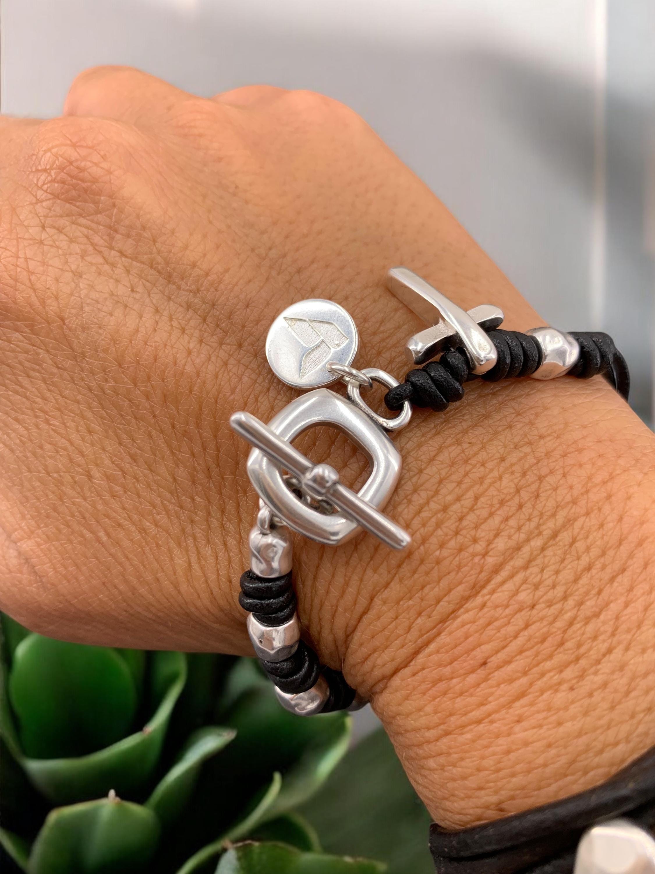 Cross charm toggle clasp silver beaded leather bracelet for women, chunky silver cross bracelet, uno de 50 style, bohemian tribal bracelet,