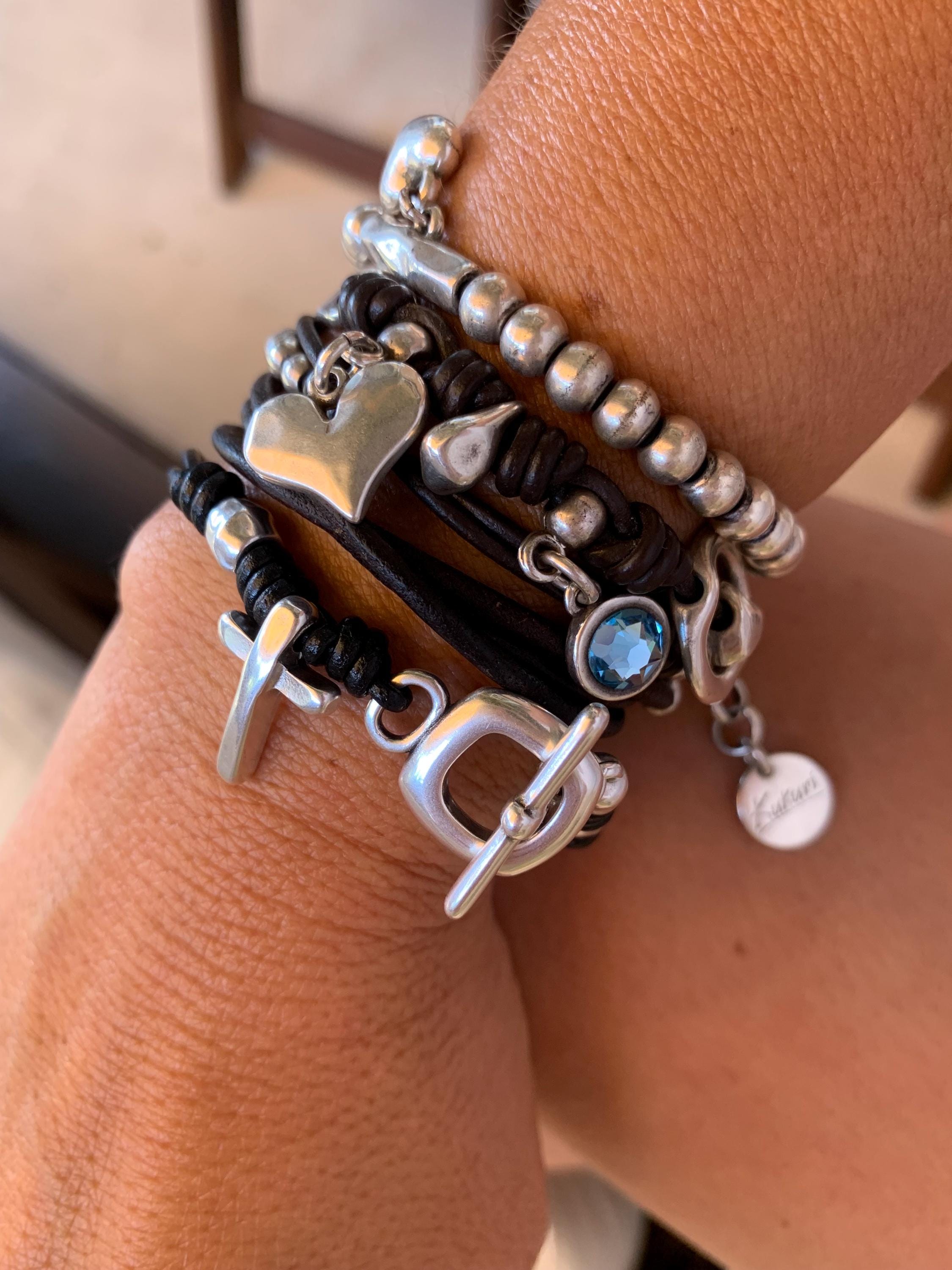 Cross charm toggle clasp silver beaded leather bracelet for women, chunky silver cross bracelet, uno de 50 style, bohemian tribal bracelet,