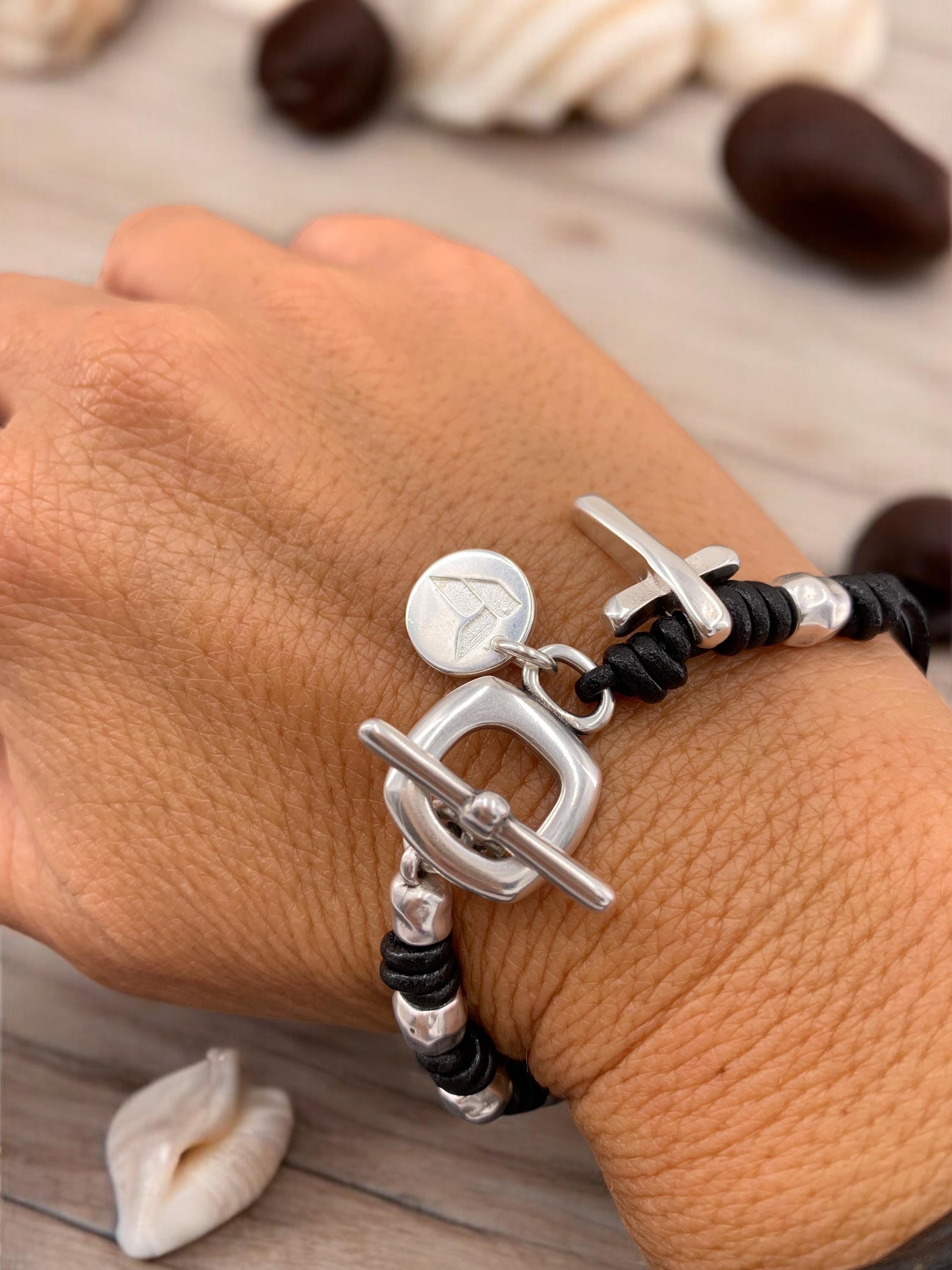 Cross charm toggle clasp silver beaded leather bracelet for women, chunky silver cross bracelet, uno de 50 style, bohemian tribal bracelet,