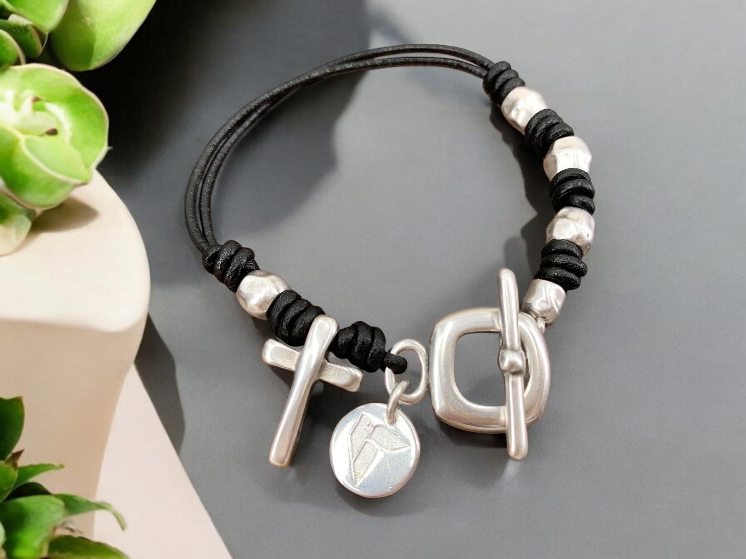 Cross charm toggle clasp silver beaded leather bracelet for women, chunky silver cross bracelet, uno de 50 style, bohemian tribal bracelet,