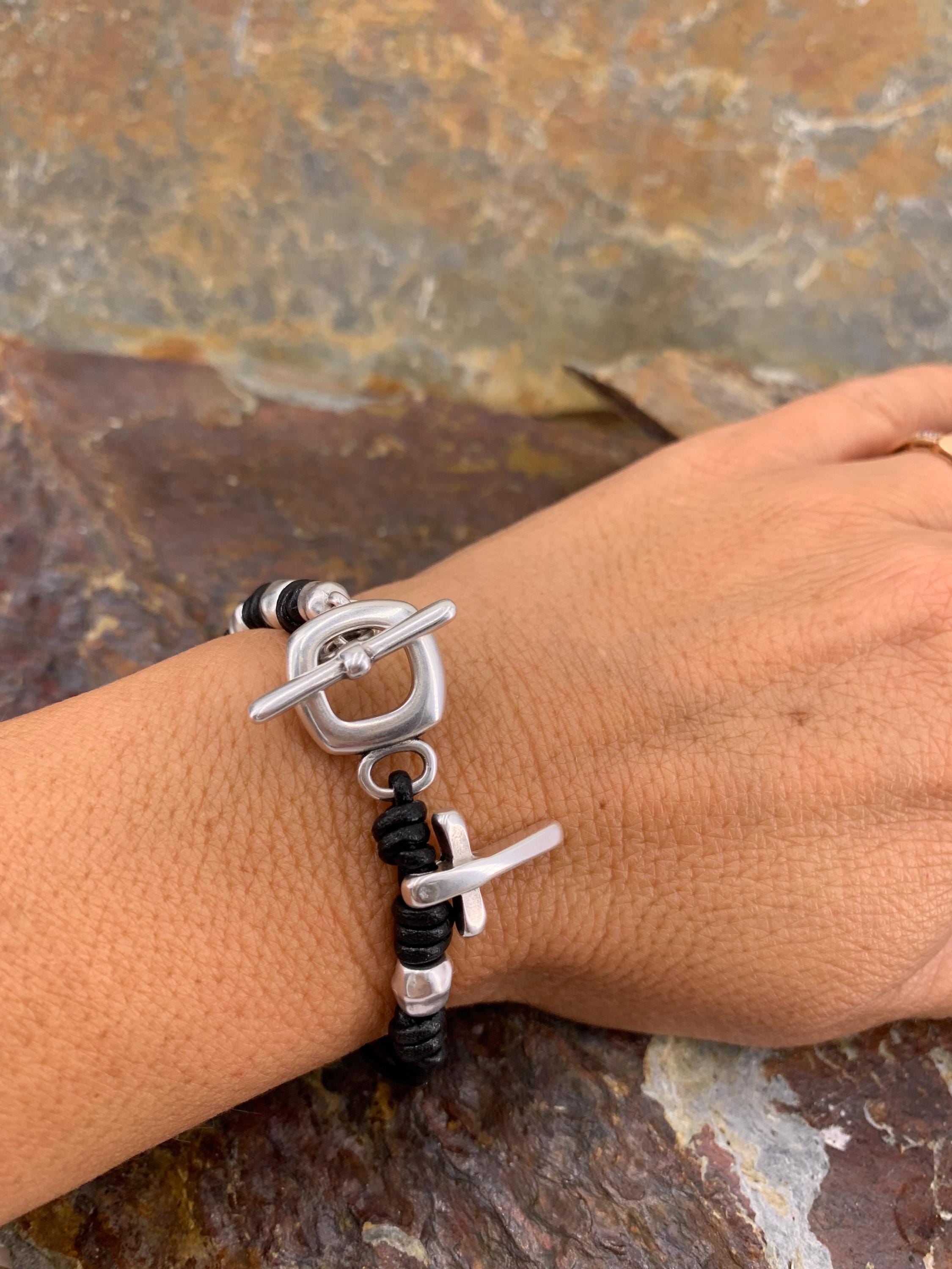 Cross charm toggle clasp silver beaded leather bracelet for women, chunky silver cross bracelet, uno de 50 style, bohemian tribal bracelet,