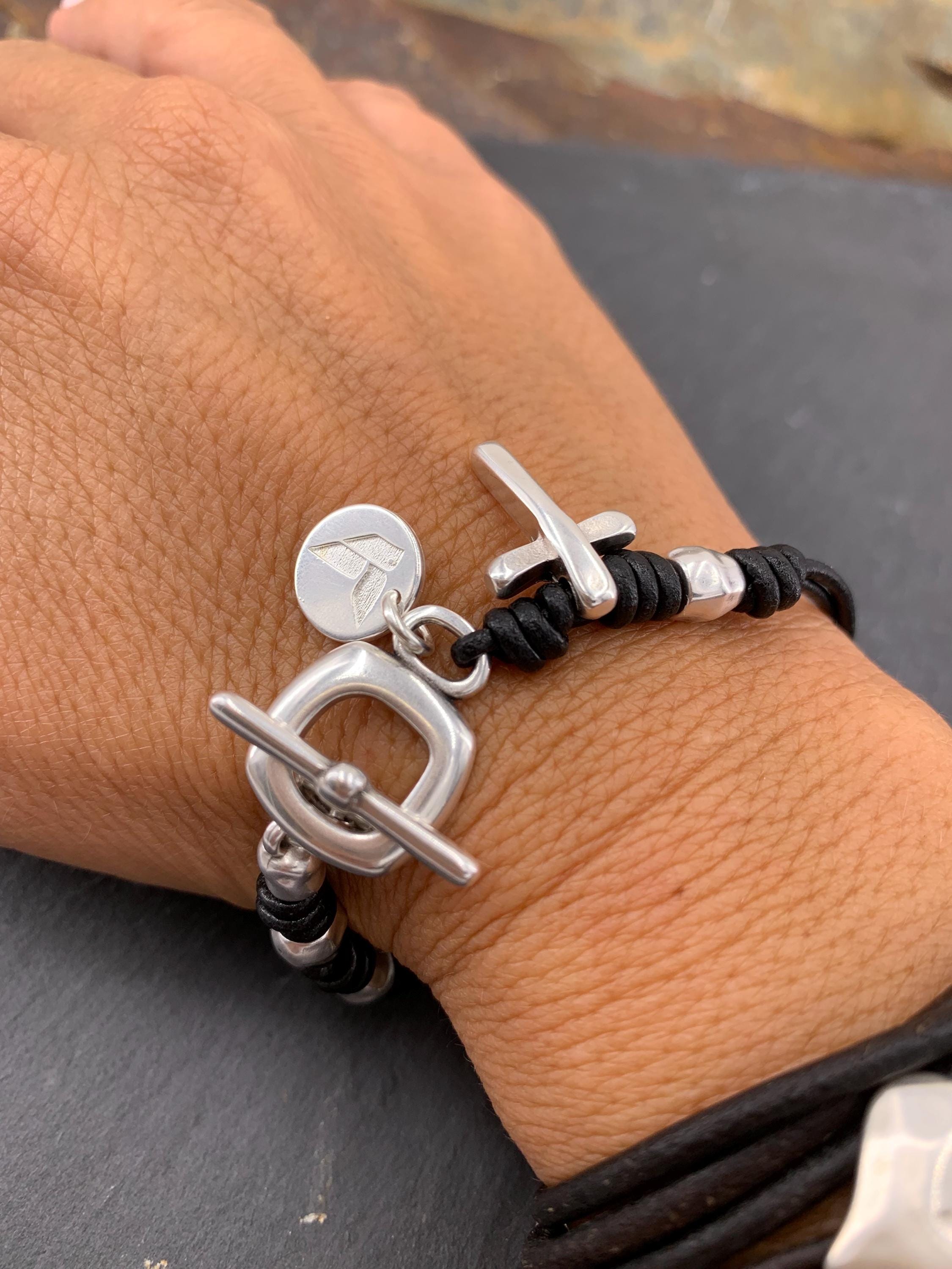 Cross charm toggle clasp silver beaded leather bracelet for women, chunky silver cross bracelet, uno de 50 style, bohemian tribal bracelet,