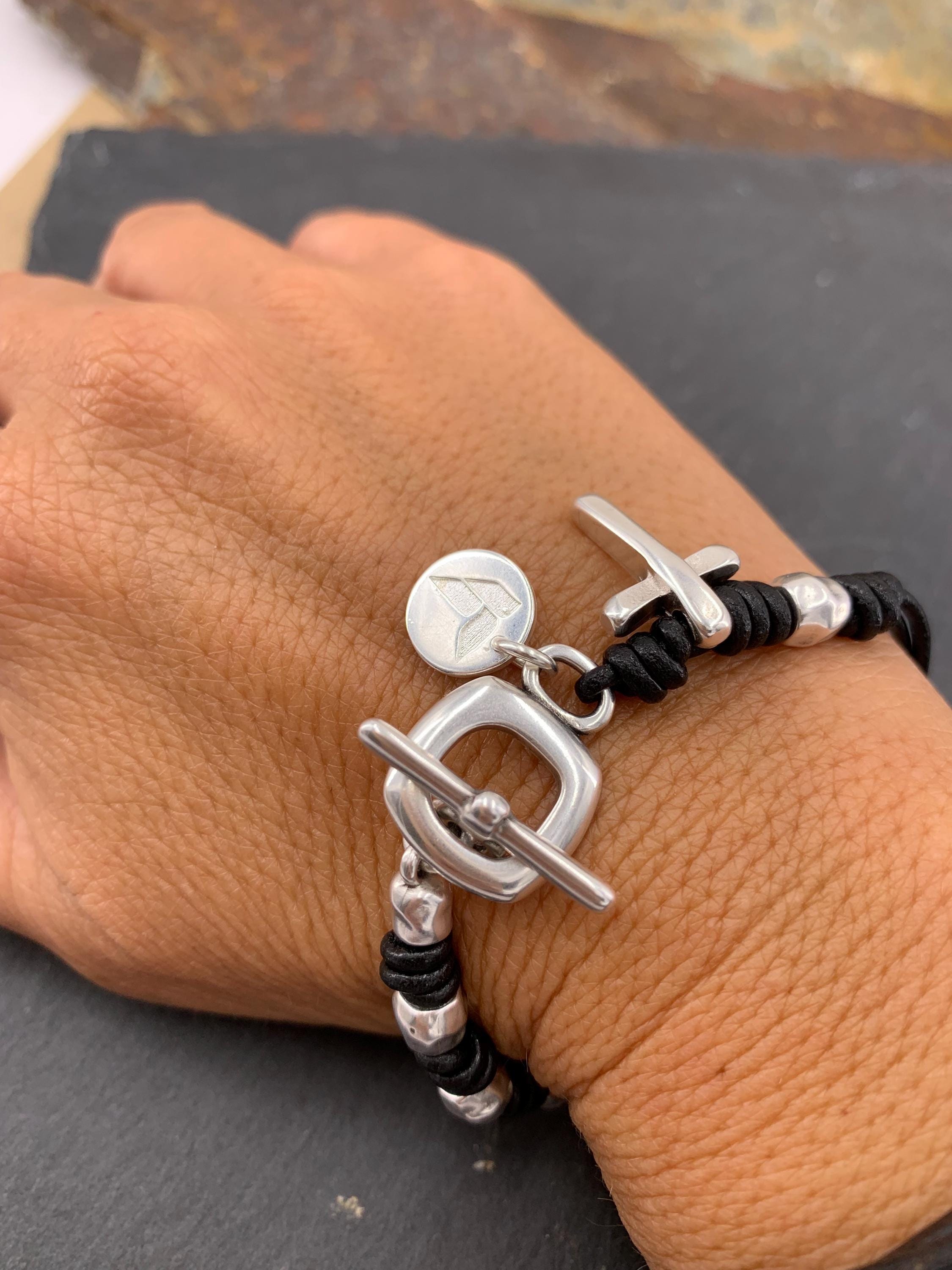 Cross charm toggle clasp silver beaded leather bracelet for women, chunky silver cross bracelet, uno de 50 style, bohemian tribal bracelet,